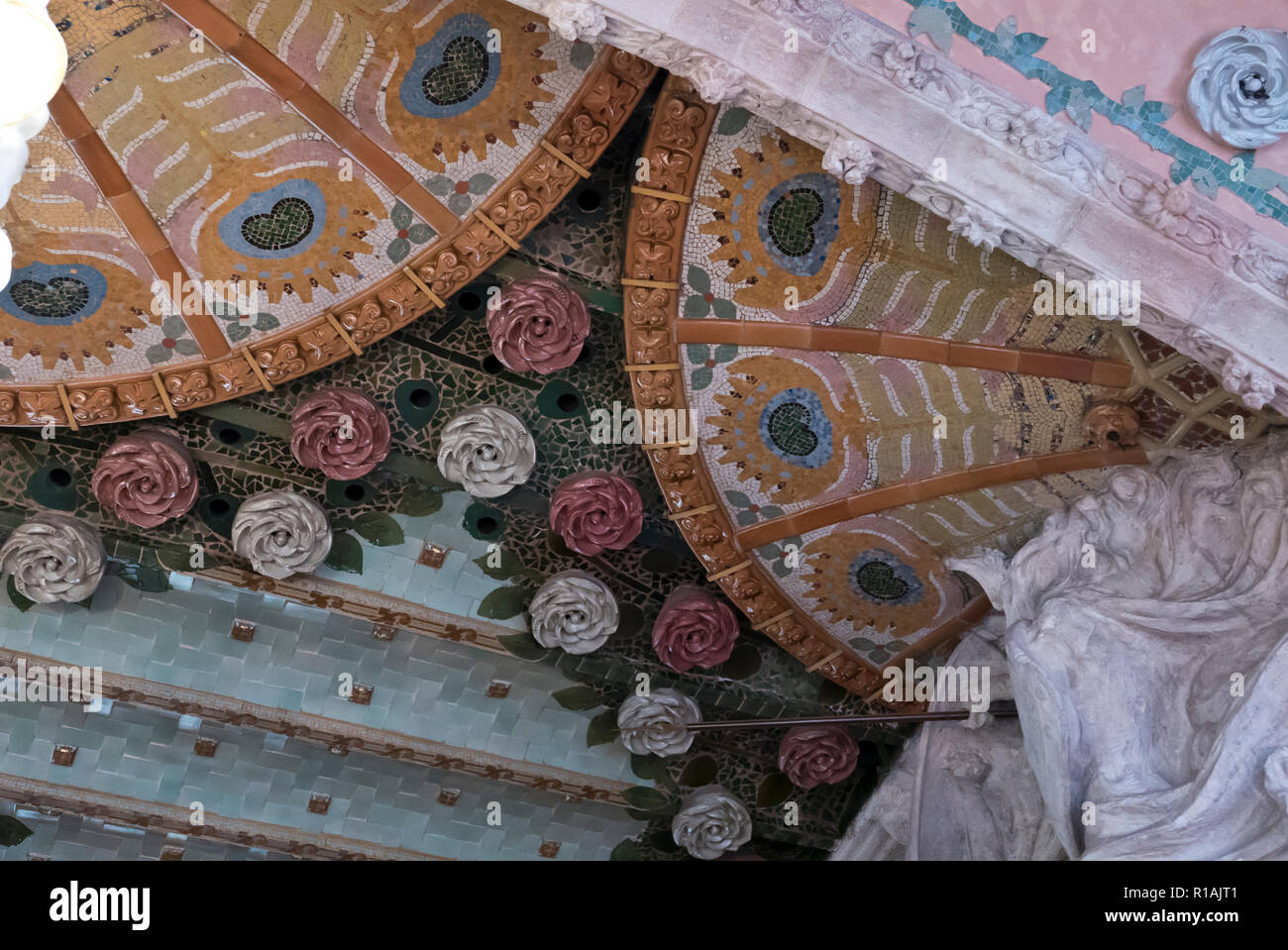 Roses decorations on the ceiling of the Palau De La Musica, Barcelona, Spain Stock Photo