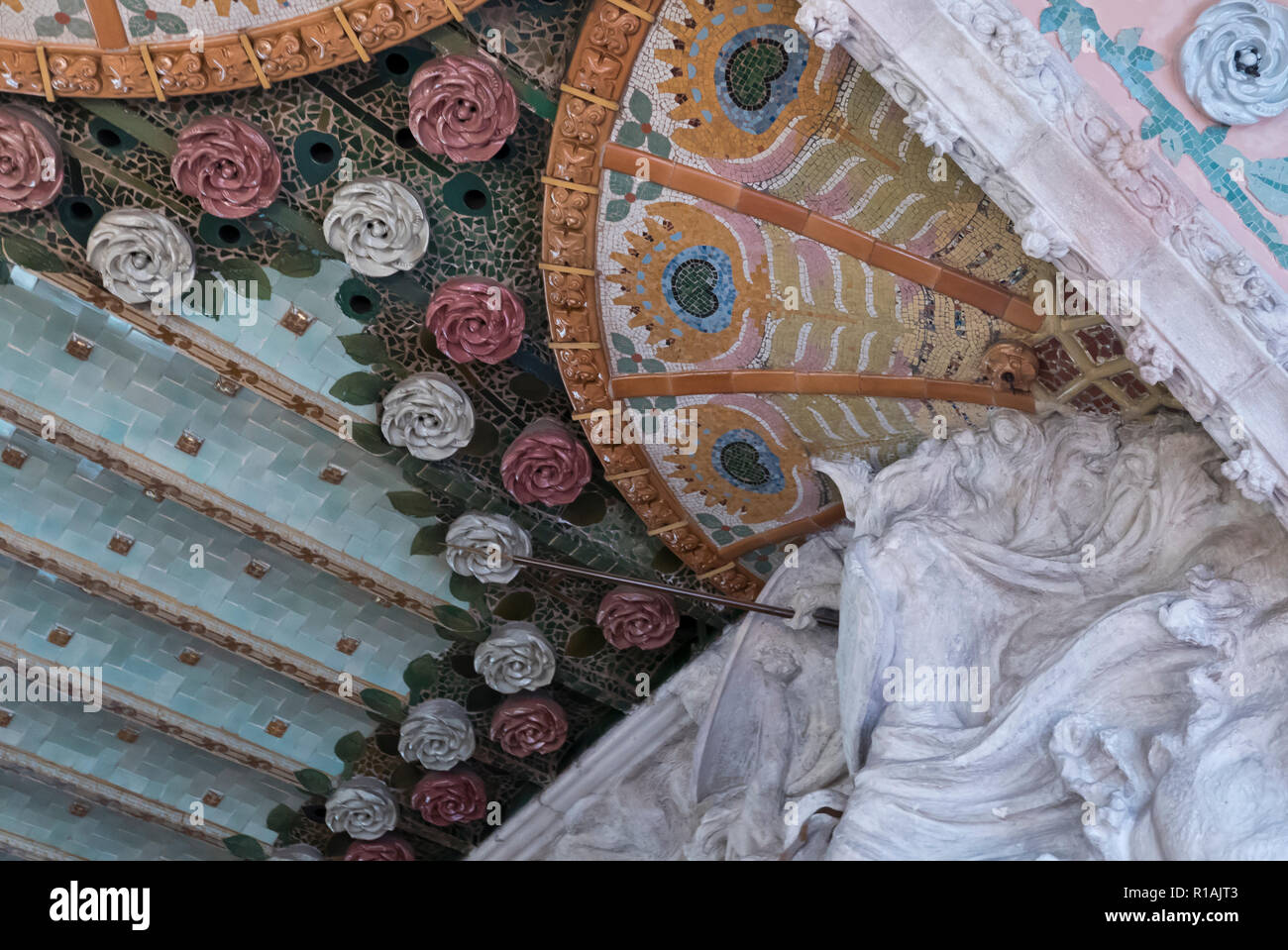 Roses decorations on the ceiling of the Palau De La Musica, Barcelona, Spain Stock Photo