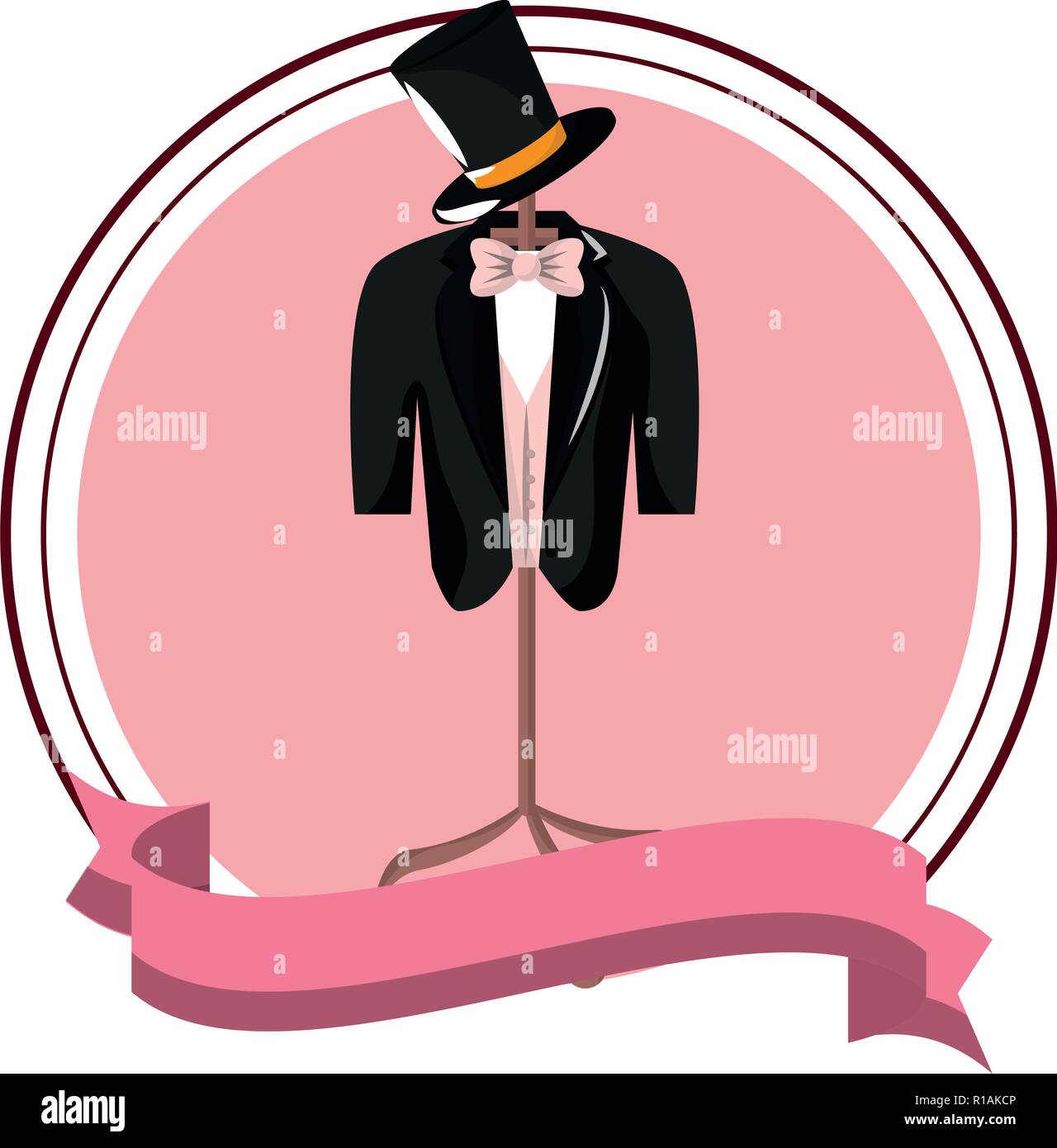 Groom Wedding Smoking And Hat Round Icon With Blank Ribbon Banner