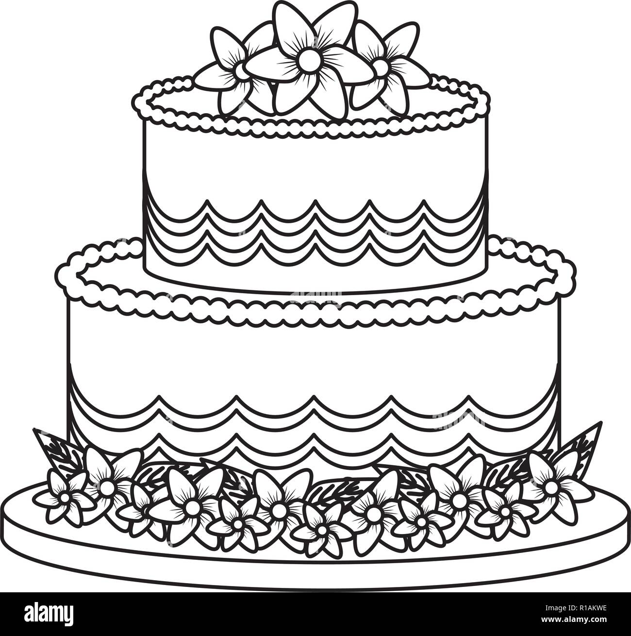 Big cake with flowers in black and white vector illustration ...