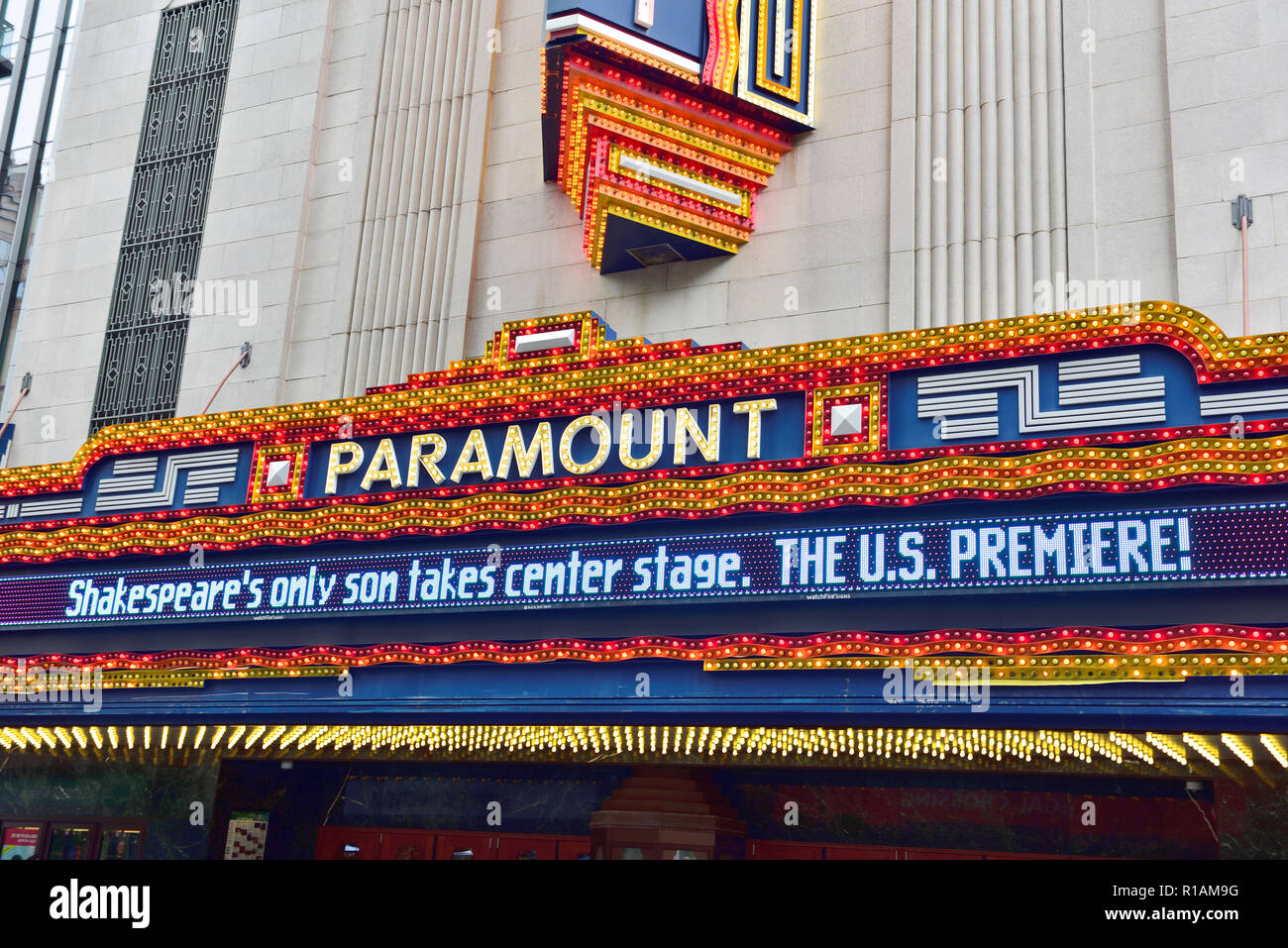 Paramount Theater with its colourful signage on Washington Street in Boston Theatre District, Massachusetts, USA Stock Photo