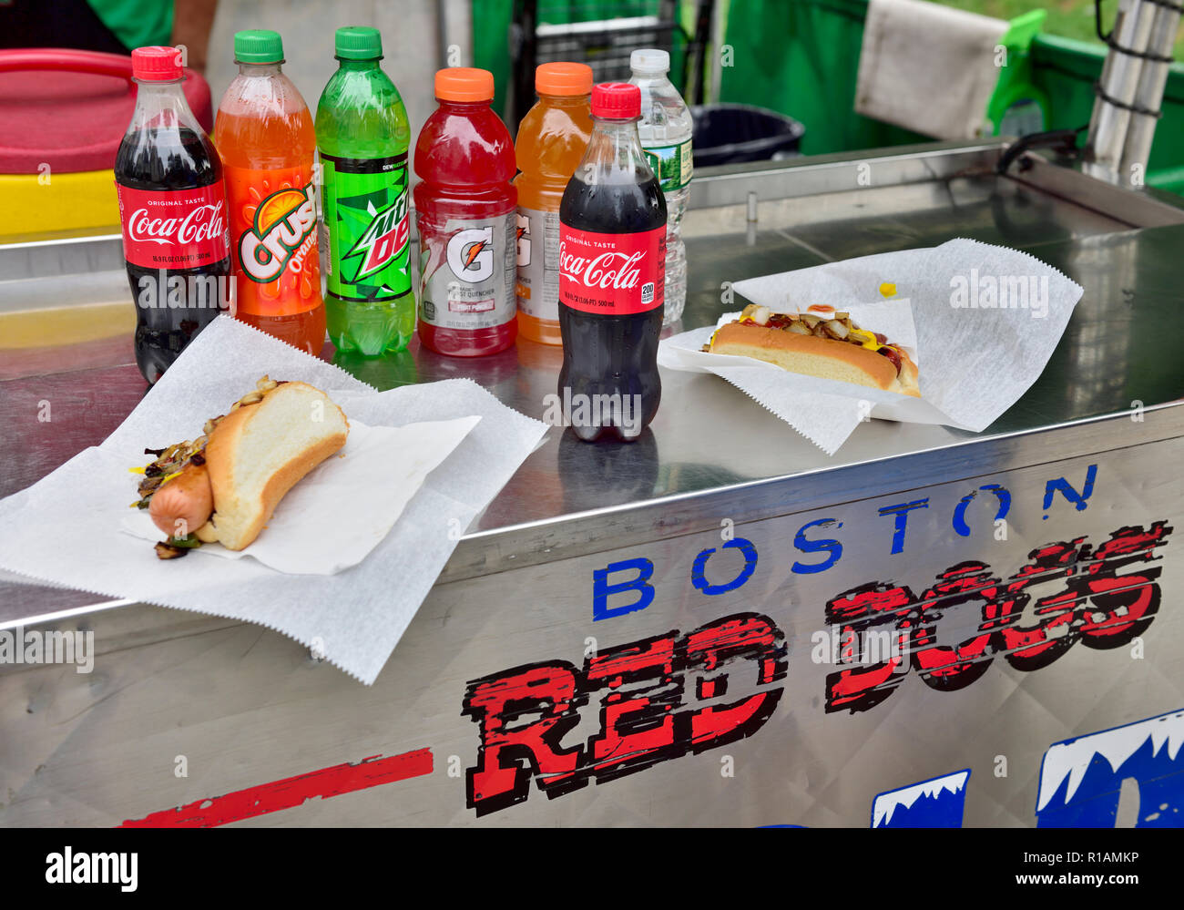American mobile hot dog street vendor with red dogs and drinks, by Boston Common park, Boston MA, USA Stock Photo