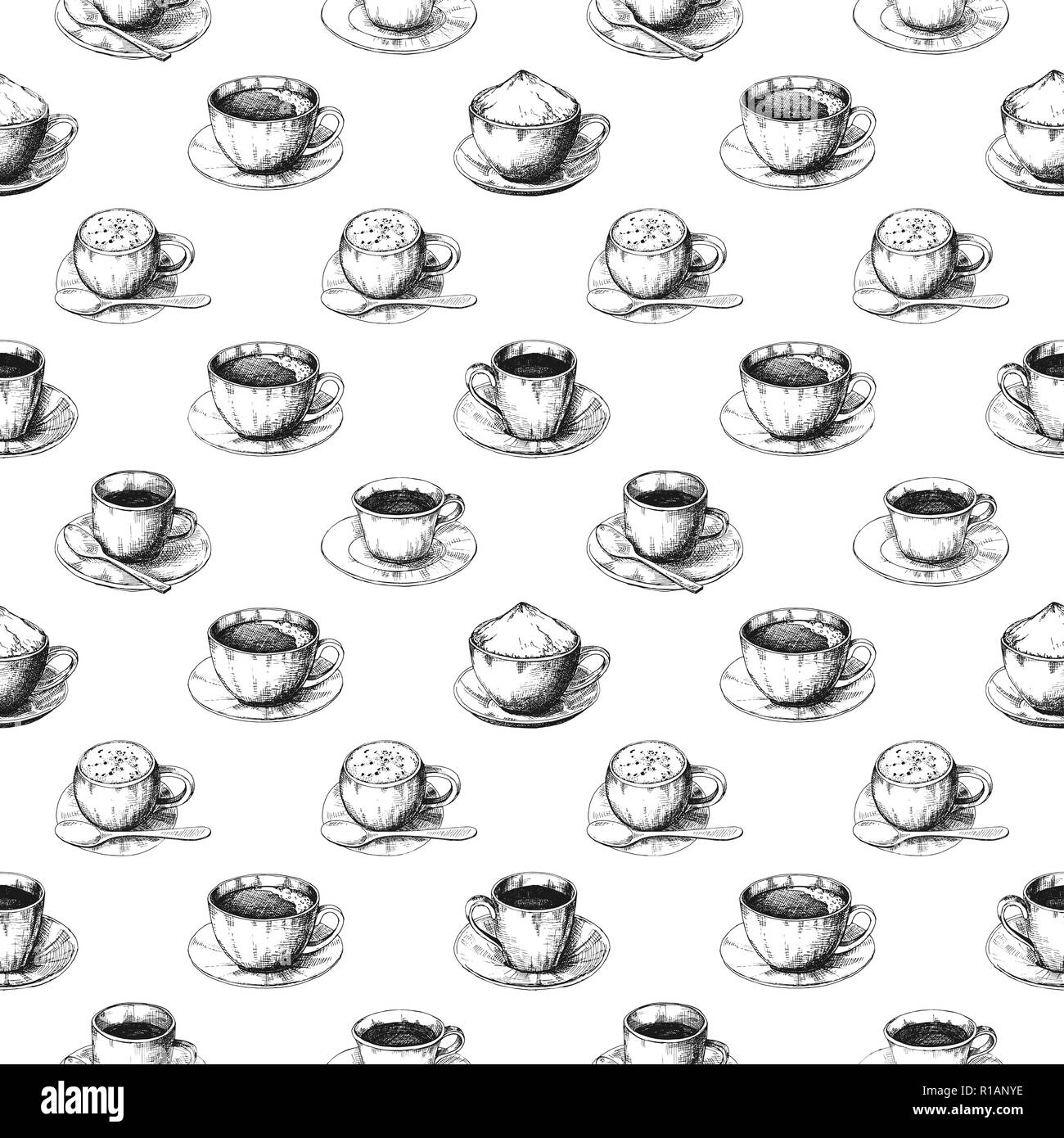 Sketch different mug of coffee on a saucer. Seamless pattern