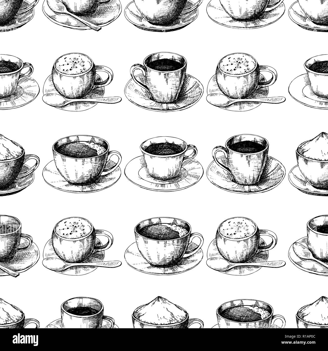 Sketch different mug of coffee on a saucer. Seamless pattern