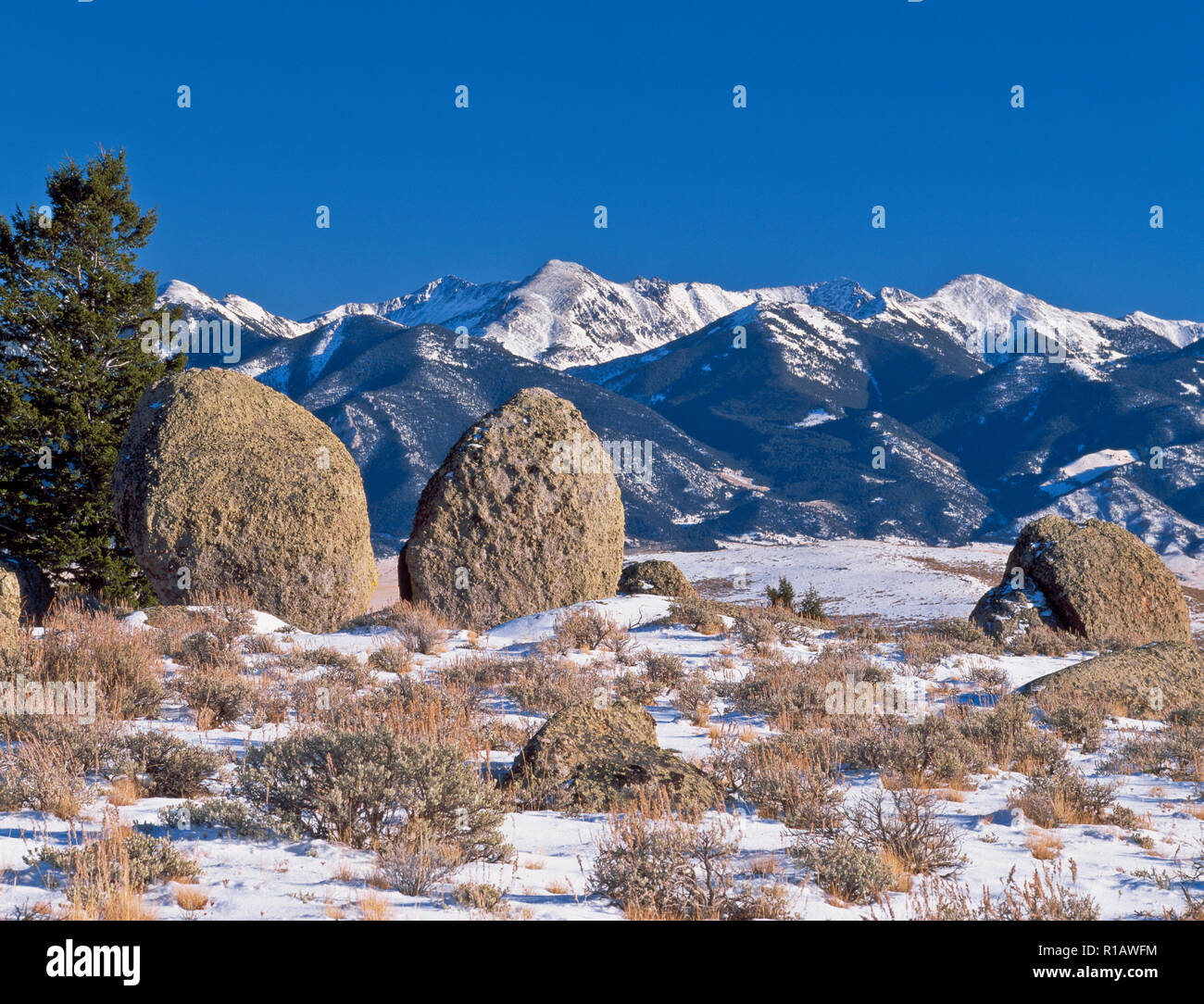 tobacco root mountains in winter near twin bridges, montana Stock Photo