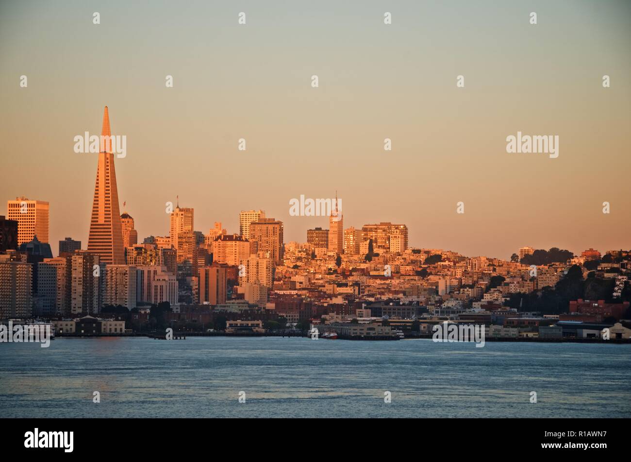 Downtown San Francisco at sunrise from Treasure Island Stock Photo