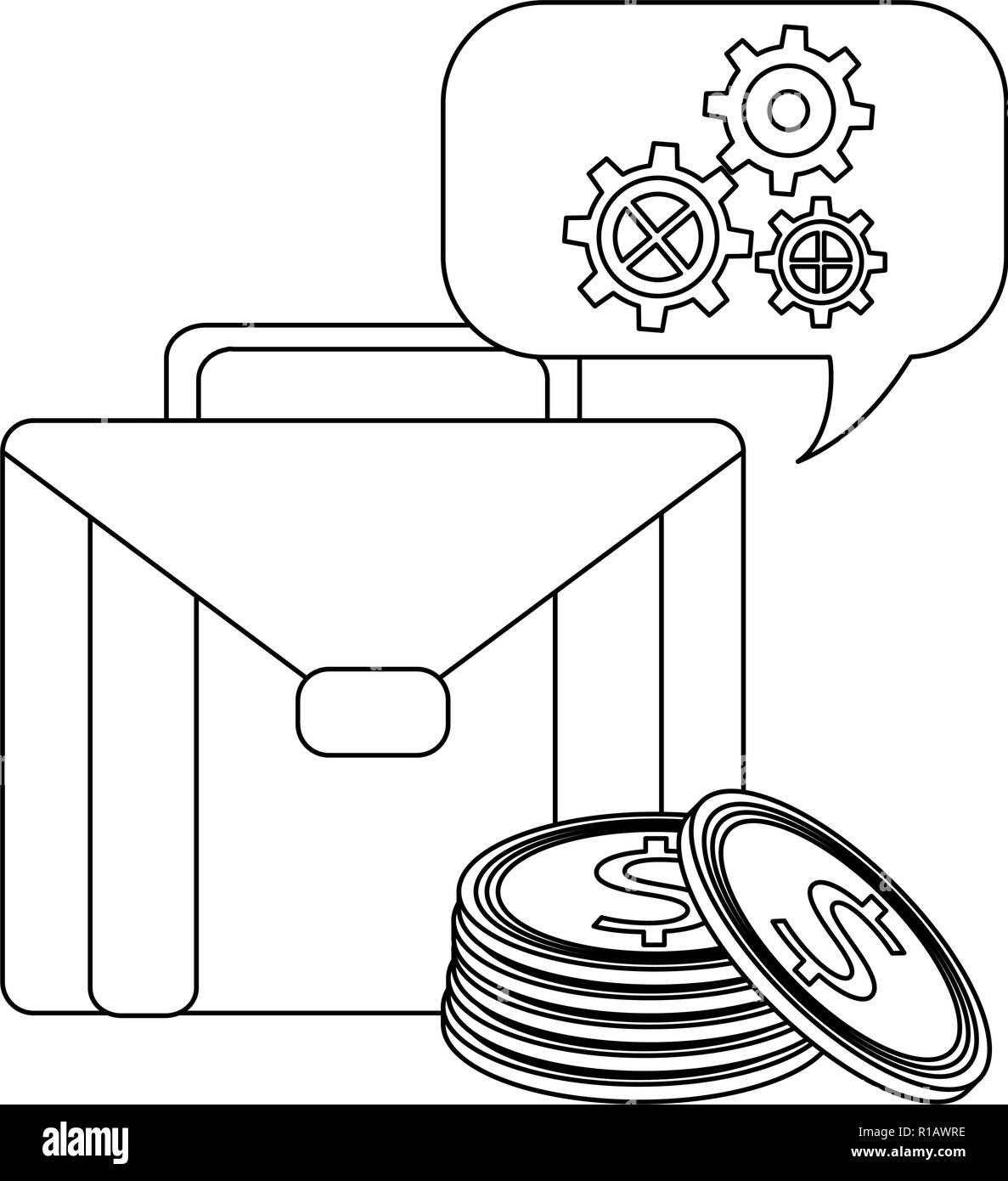 Briefcase with gears on bubble and coins in black and white vector ...