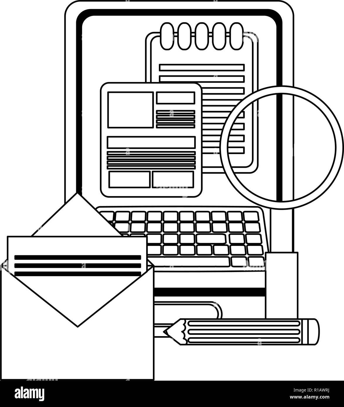 Tablet and email with magnifying glass in black and white vector ...