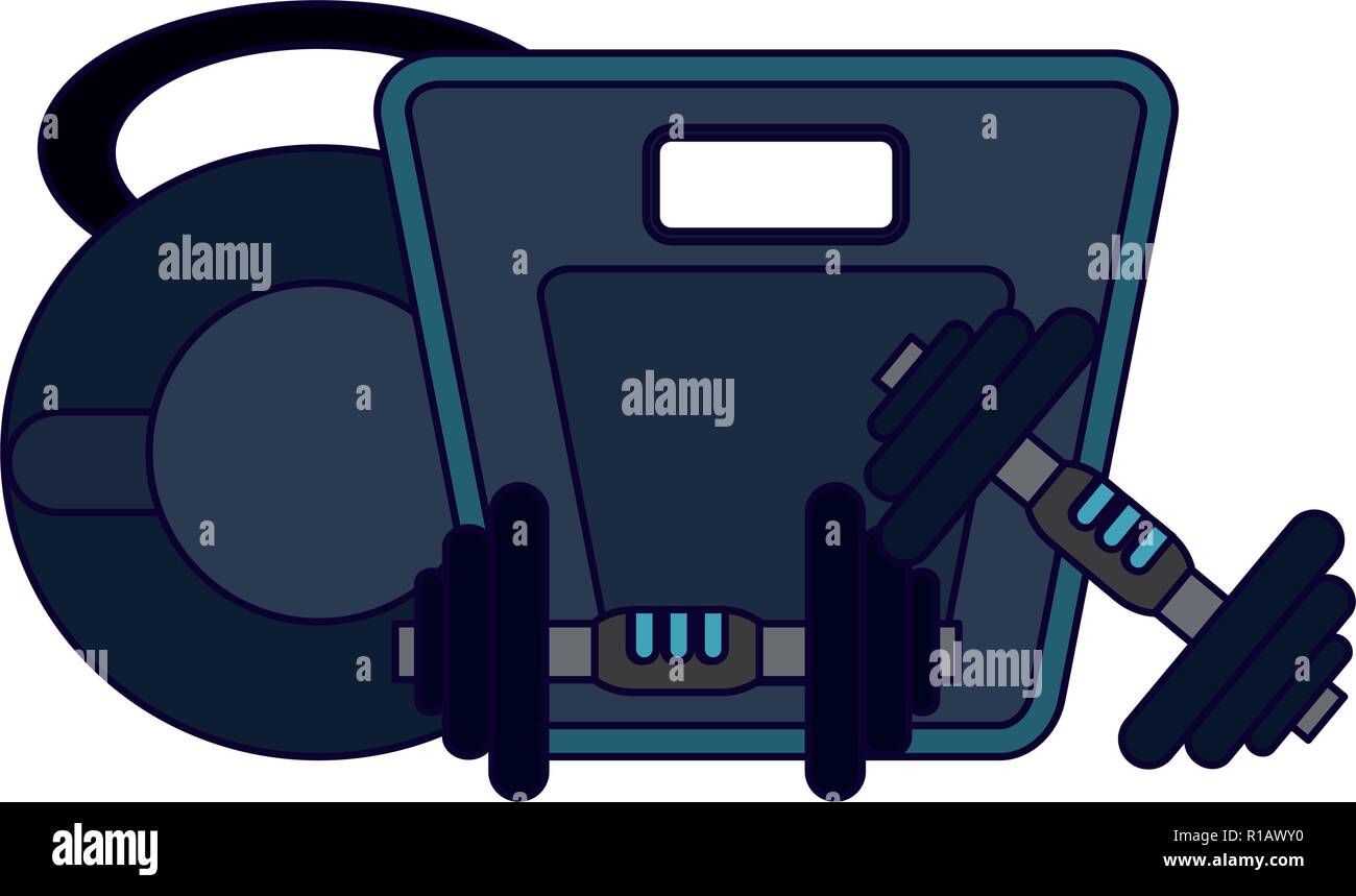 Gym dumbbells balance and kettlebells equipment and elements vector ...