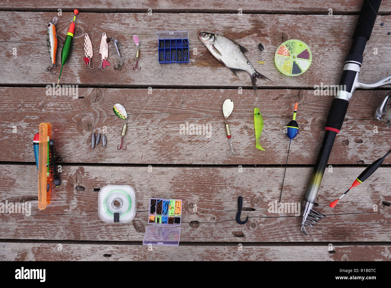 fishing tackle fishing rod hooks float fishing Stock Photo Alamy