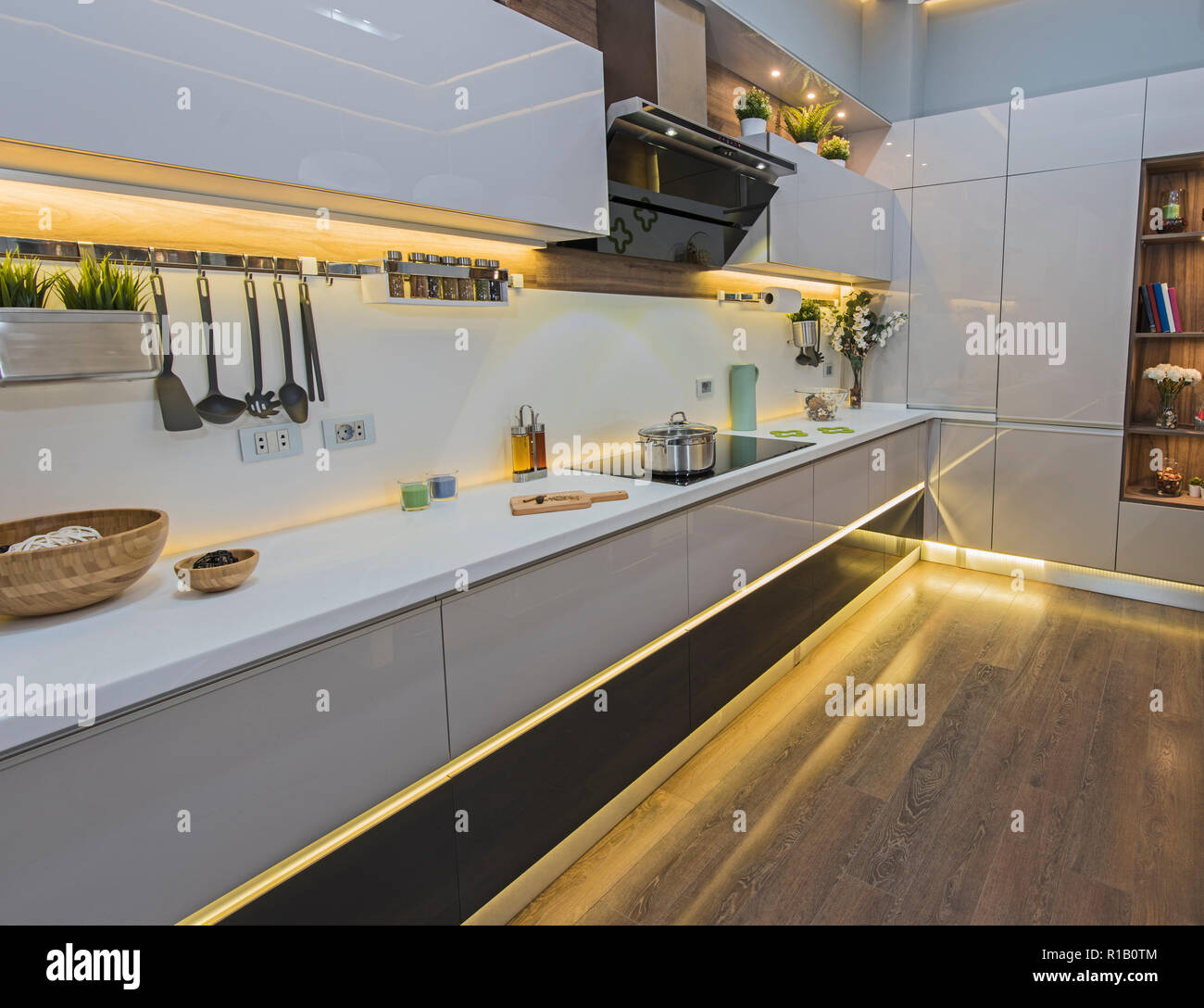 View of Interior design decor showing modern kitchen and appliances in luxury ...