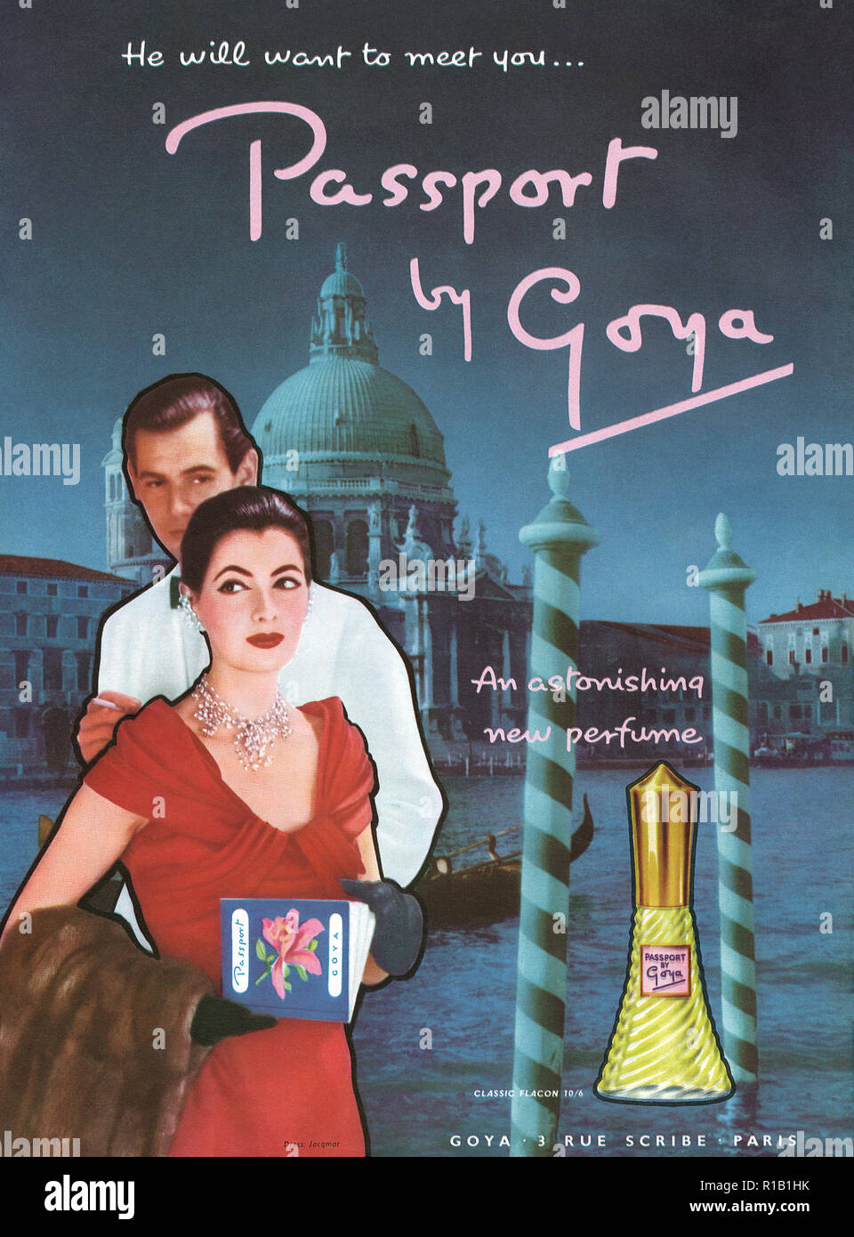 1957 British advertisement for Passport perfume by Goya. Stock Photo