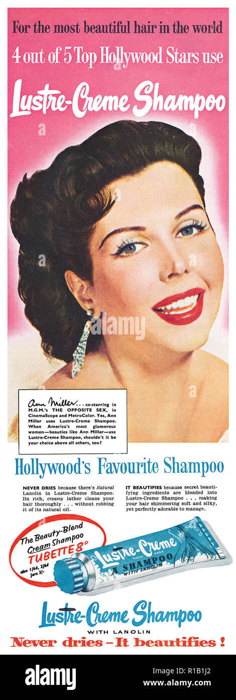 1957 British advertisement for Lustre-Creme shampoo, featuring actress Ann Miller. Stock Photo