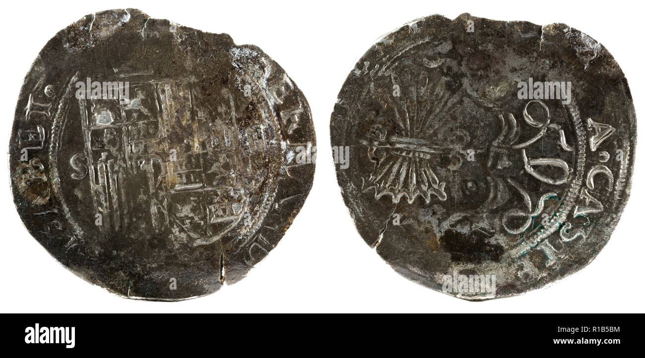 Ancient Spanish silver coin of the Kings Fernando e Isabel. Catholic kings. Coined in Sevilla. 2 Reales. Stock Photo