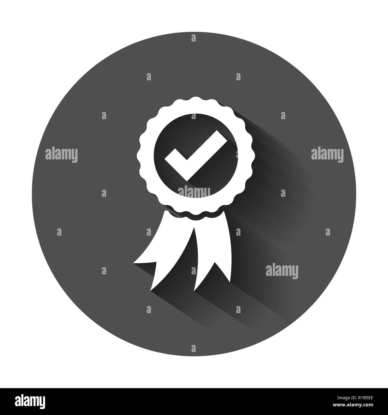 Approved certificate medal icon in flat style. Check mark stamp vector illustration with long shadow. Accepted, award seal business concept. Stock Vector