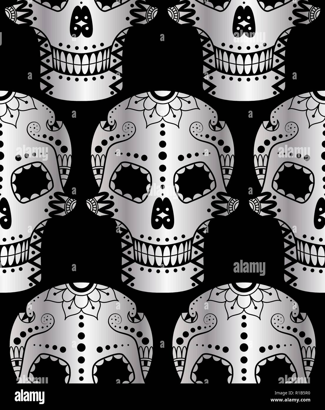 Vector seamless pattern of metal sugar skull with doodle floral ...