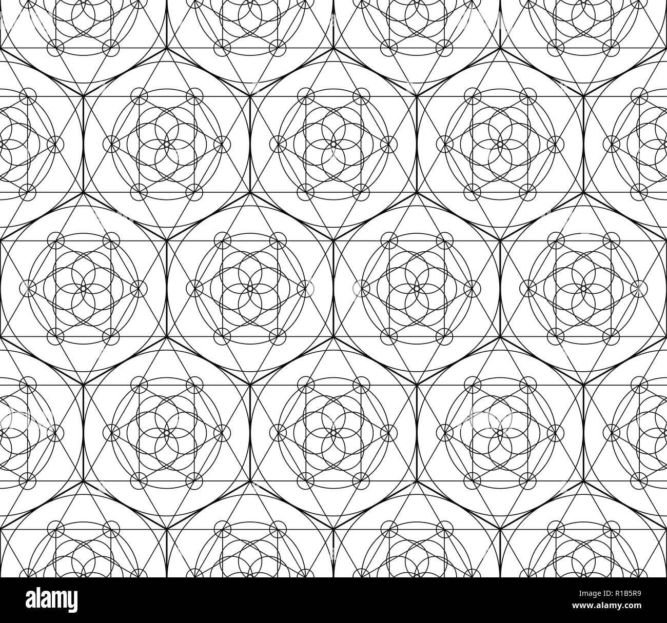 Vector geometric seamless pattern of black sacred geometry symbols with triangle, hexagon, circle and floral motif on white background Stock Vector