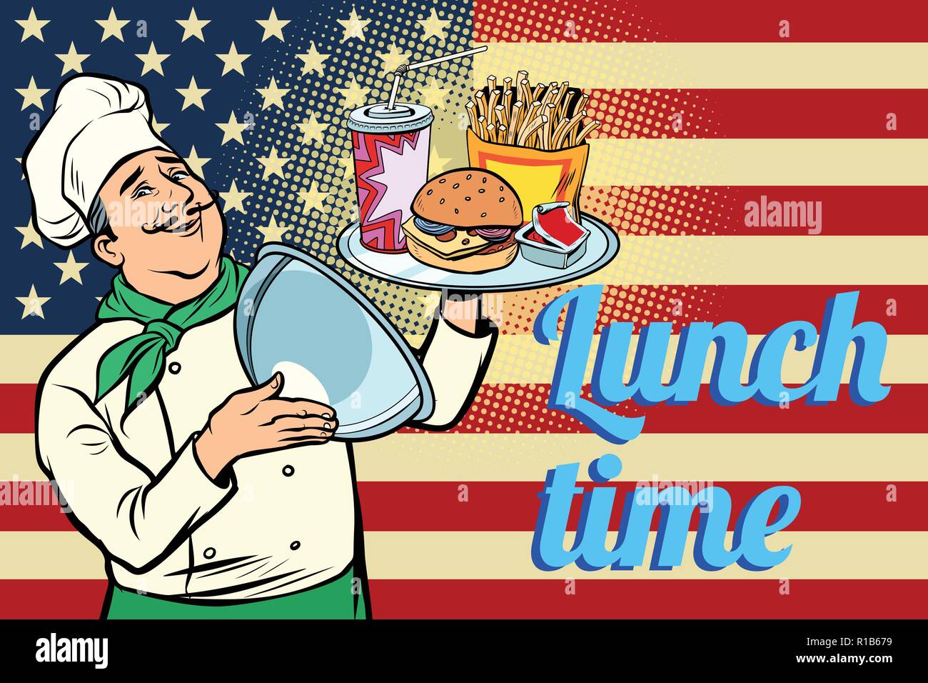Burger French fries Cola fast food. time for lunch. chef with tray with lid. USA flag Comic cartoon pop art retro vector illustration drawing Stock Vector