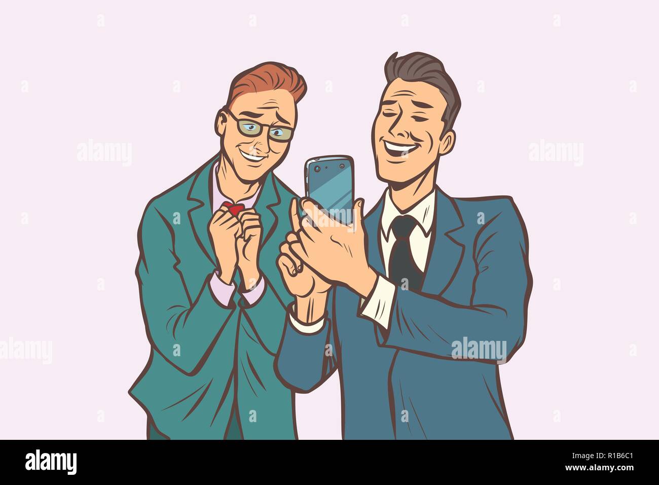 two businessmen affection and joy, look at the smartphone. Comic cartoon pop art retro vector illustration drawing Stock Vector
