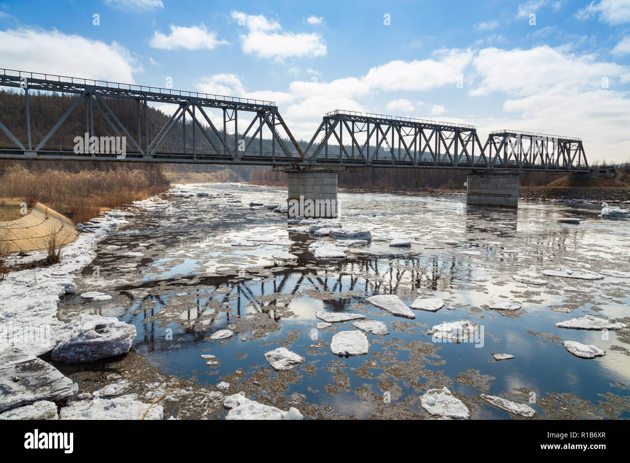 Ice drift on the Chulman River, South Yakutia, Russia Stock Photo
