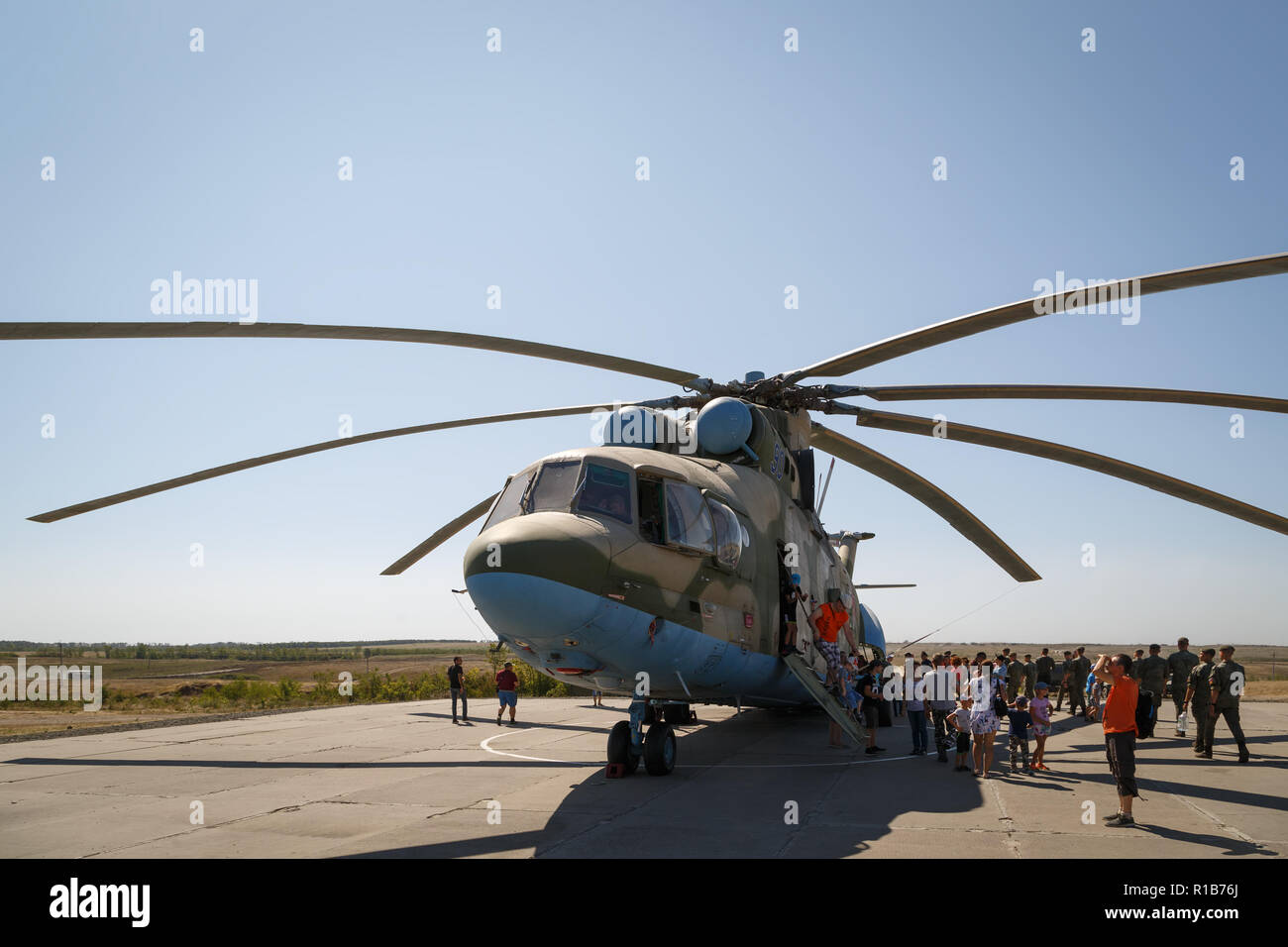 KADAMOVSKIY TRAINING GROUND, ROSTOV REGION, RUSSIA, 26 AUGUST 2018: Transport universal military helicopter MI-26 Stock Photo