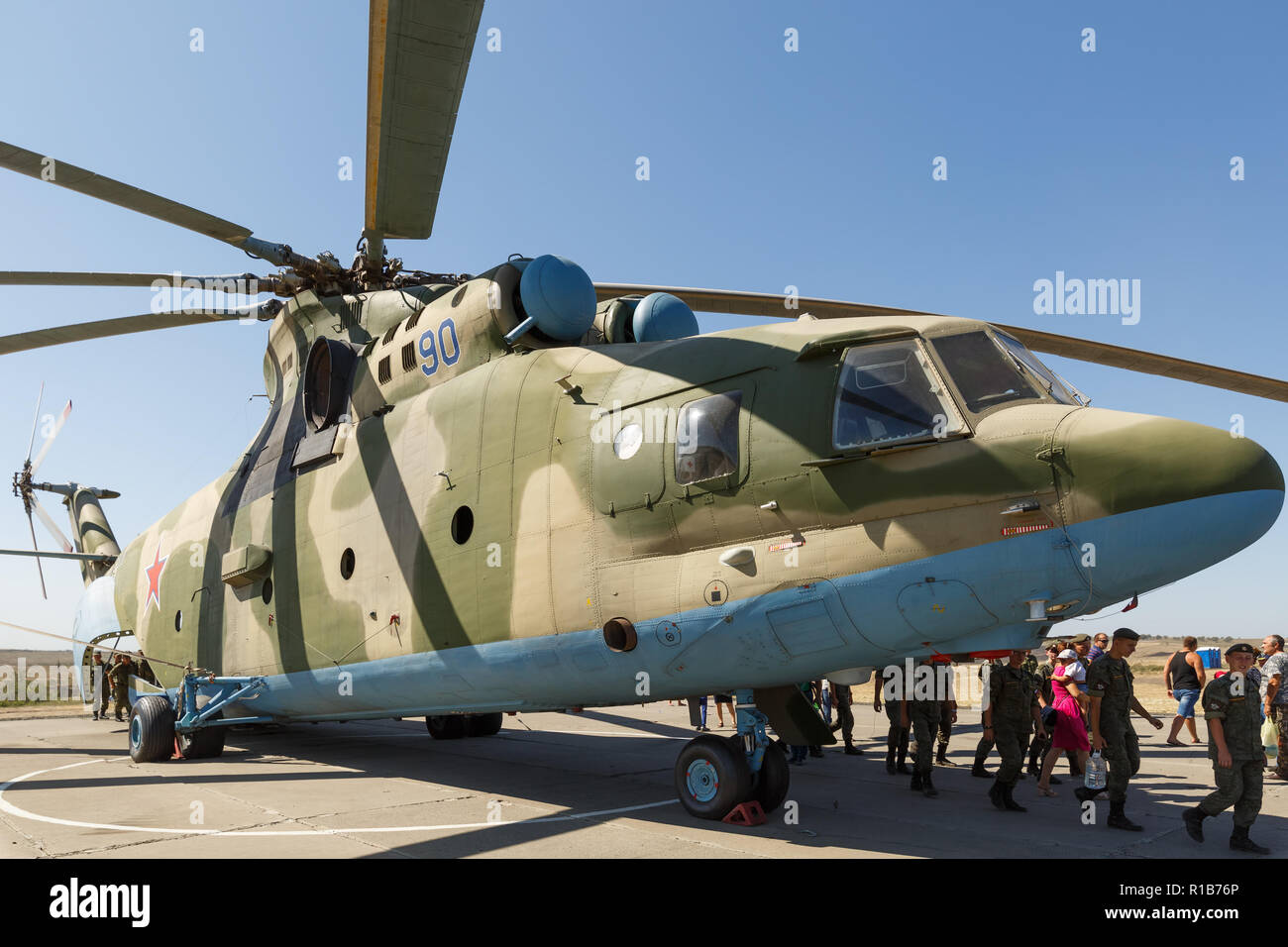 KADAMOVSKIY TRAINING GROUND, ROSTOV REGION, RUSSIA, 26 AUGUST 2018:  Transport universal military helicopter MI-26 and visitors of the exhibition Stock Photo