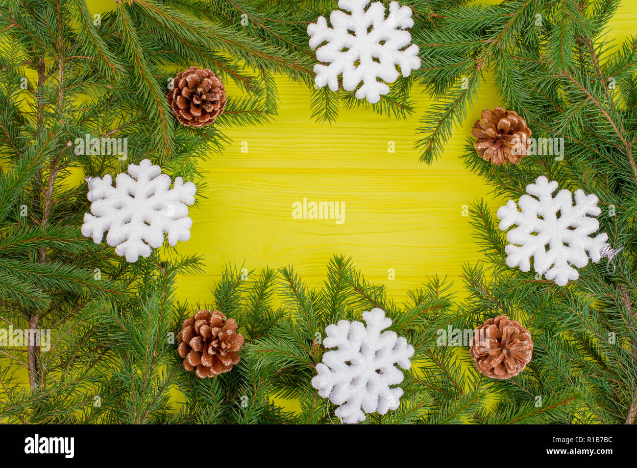Christmas and New Year border from fir branches. Stock Photo