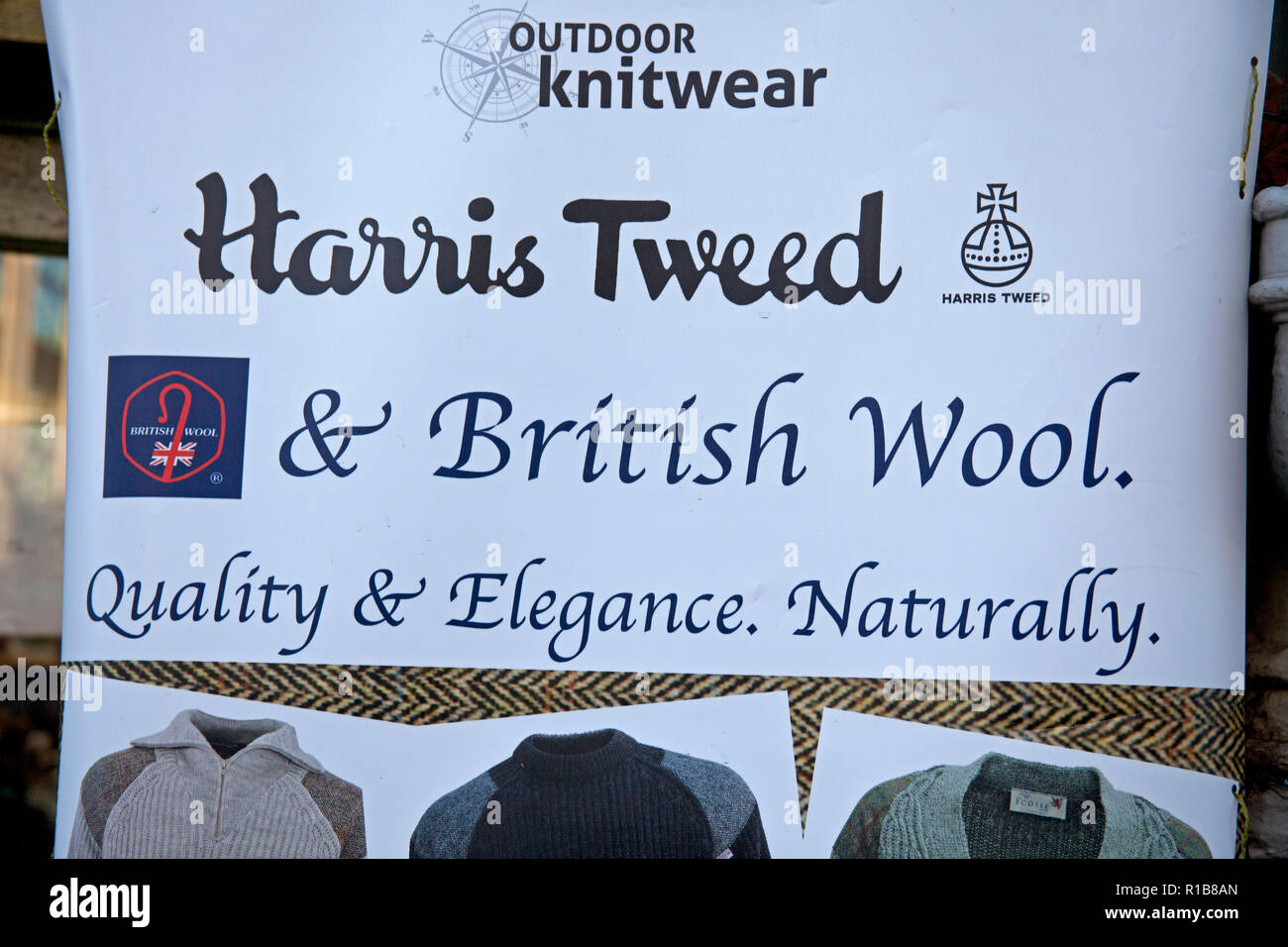 Harris Tweed label in shop window, Edinburgh, Scotland, UK Stock Photo