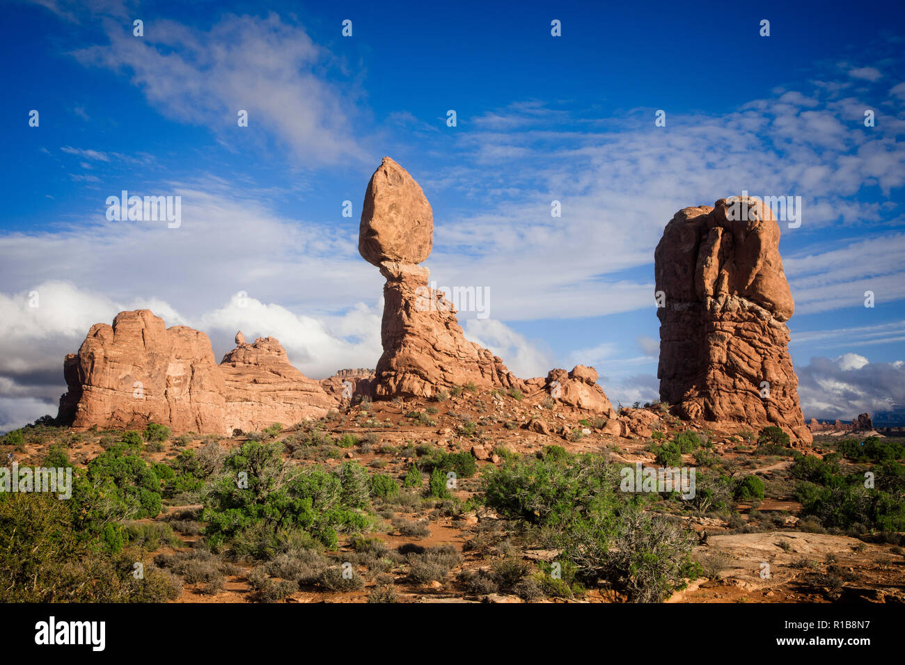 Balance Rock sits impossibly on top of its eroded pillar. Arches National Park, Utah. Stock Photo