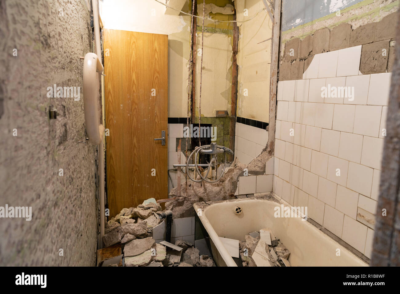 old bathroom demolition before complete renovation Stock Photo