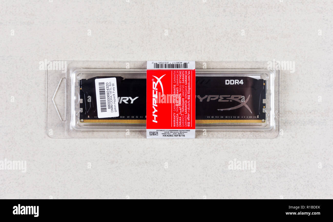 Maykop, Russia - November 9, 2018: DIMM DDR 4 16 Gb Kingston HyperX Fury Memory RAM Module in box on grey background closeup top view Stock Photo
