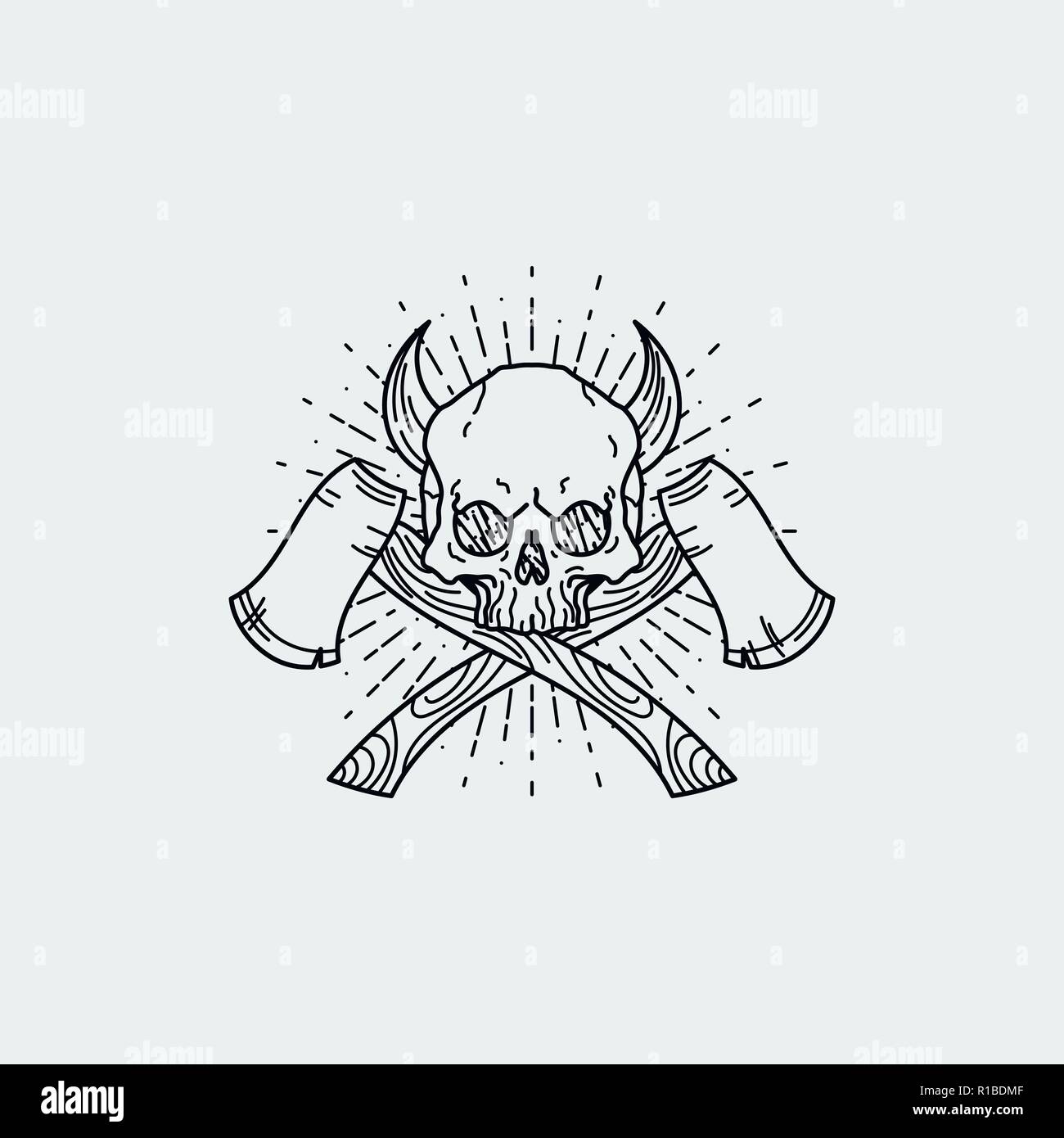 Vector illustration of black and white tattoo graphic human skull with axes and horns. Lined symbol Stock Vector