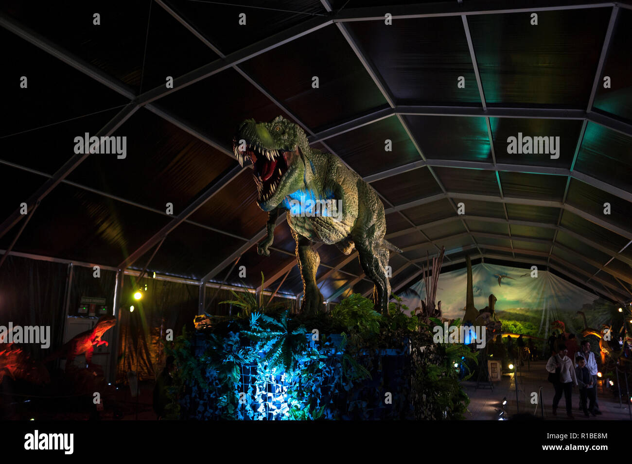 A large replica of a dinosaur is seen during the DINO Expo XXL. This exhibition is divided into two periods (Dinosaurs age and Ice age), having more than 100 different animated dinosaurs replicas of 12 metres of measure, with mechanism of movement and sound. The project with figures of dinosaurs that are replicas to real scale, have the purpose to make the known details of the dinosaurs age when they settle on the earth. Stock Photo