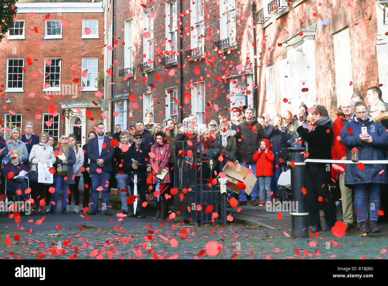 Worcester, UK. 11th November, 2018. The end of the First World War is commemorated at Worcester Cathedral. A canon blast of thousands of poppies. Peter Lopeman/Alamy Live News Stock Photo