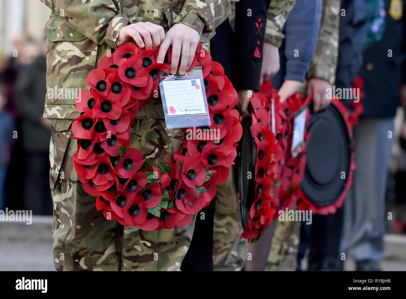 Weymouth, Dorset, UK. 11th Nov, 2018. Remembrance Sunday service and parade in Weymouth, Dorset, UK. Poppy wreath Credit: Finnbarr Webster/Alamy Live News Stock Photo