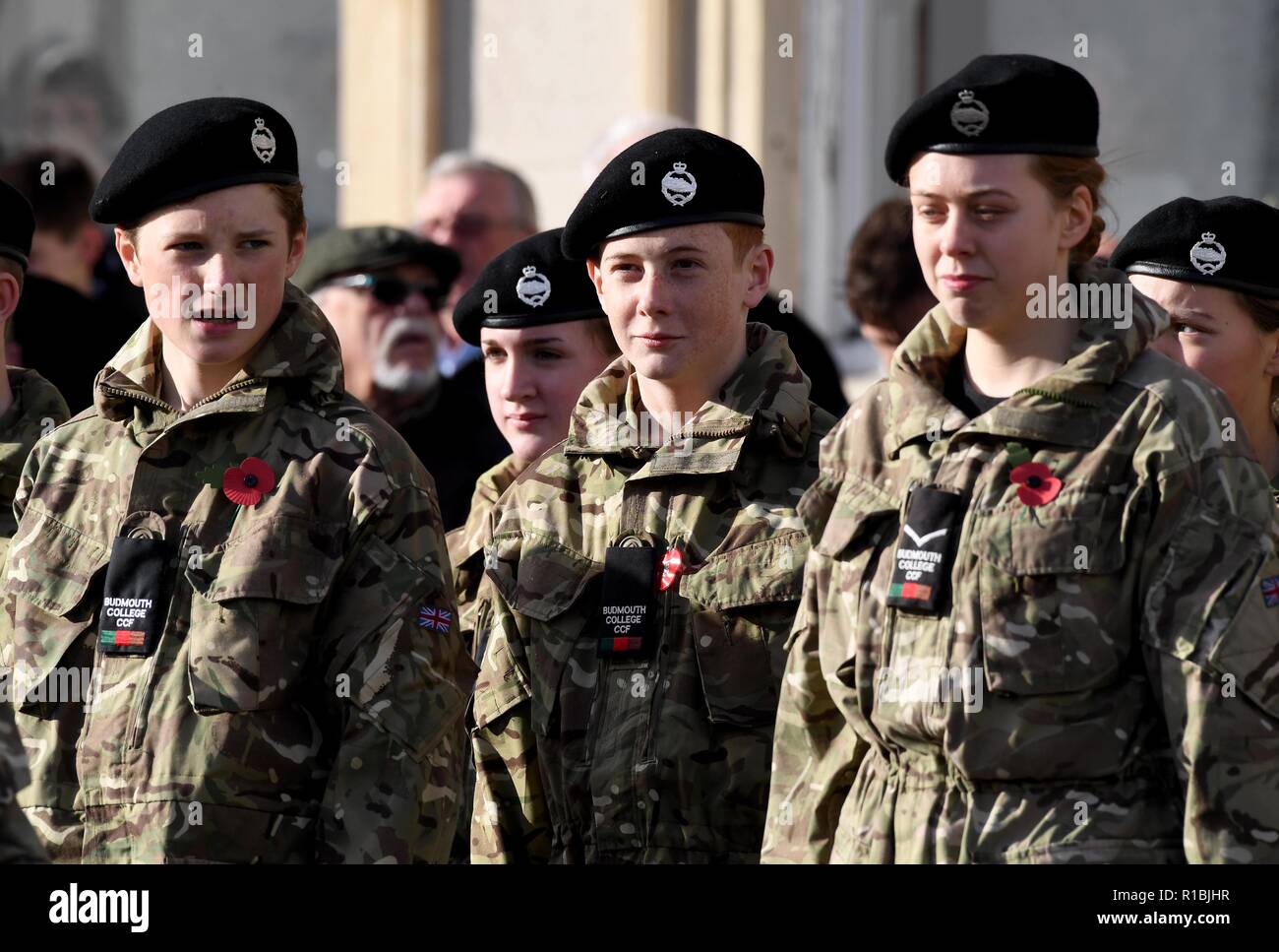 Weymouth, Dorset, UK. 11th Nov, 2018. Remembrance Sunday service and parade in Weymouth, Dorset, UK, Young cadets Credit: Finnbarr Webster/Alamy Live News Stock Photo