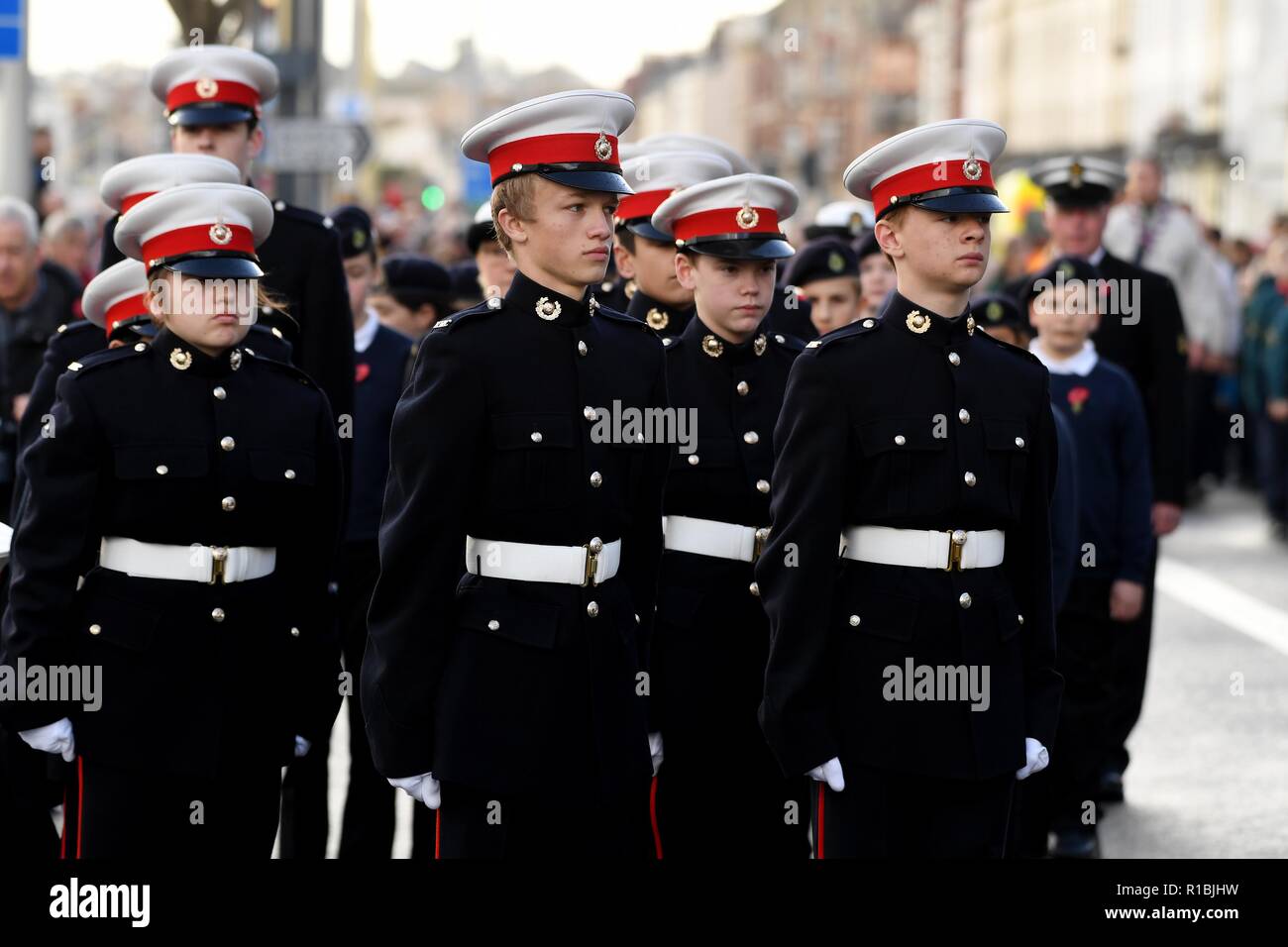 Weymouth, Dorset, UK. 11th Nov, 2018. Remembrance Sunday service and parade in Weymouth, Dorset, UK, Young cadets Credit: Finnbarr Webster/Alamy Live News Stock Photo
