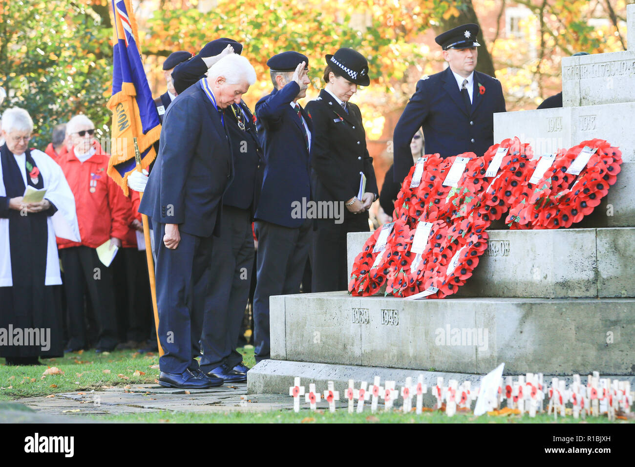 Worcester, UK. 11th November, 2018. The end of the First World War is commemorated at Worcester Cathedral. Peter Lopeman/Alamy Live News Stock Photo