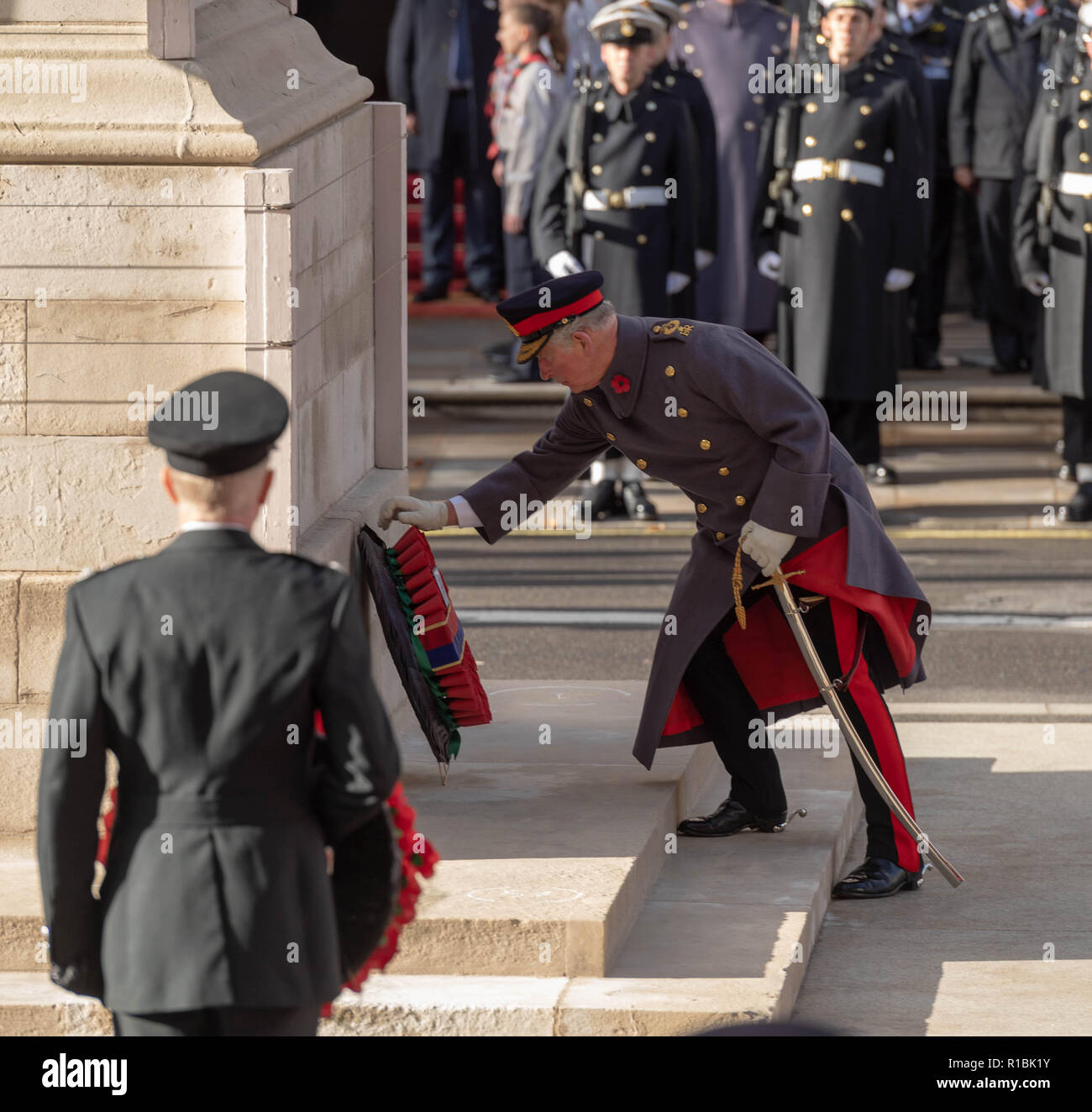 London UK, 11th November 2018  The National Service of Remembrance  at the Cenotaph London on Remembrance Sunday in the presence of HM The Queen, the Prime Minster, Theresa May, former prime ministers, senior government ministers  and representatives of the Commenwealth HRH The Prince Chrles lays a wreath Credit Ian Davidson/Alamy Live News Stock Photo
