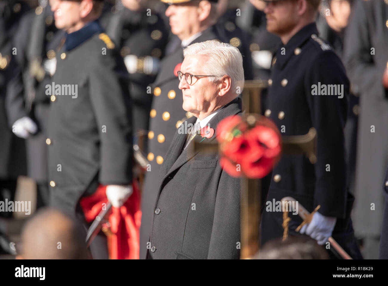 London UK, 11th November 2018  The National Service of Remembrance  at the Cenotaph London on Remembrance Sunday in the presence of HM The Queen, the Prime Minster, Theresa May, former prime ministers, senior government ministers  and representatives of the Commenwealth HE The President of the Federal Republic of Germany Frank -Walter Steinmeiser Credit Ian Davidson/Alamy Live News Stock Photo
