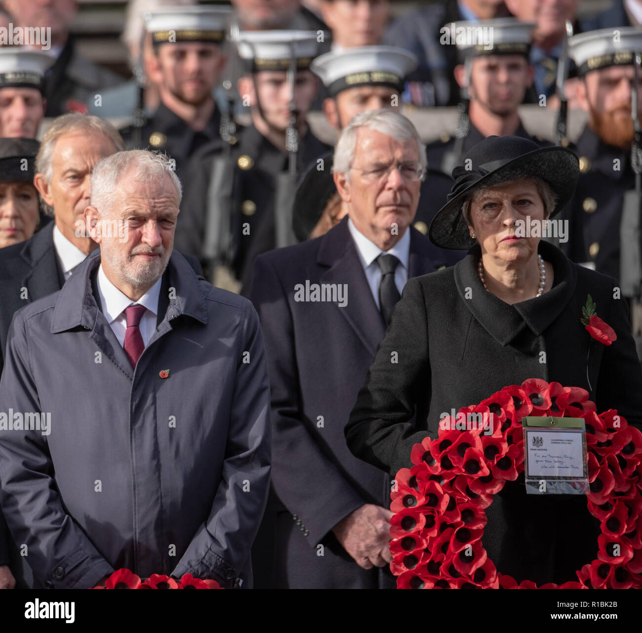London UK, 11th November 2018  The National Service of Remembrance  at the Cenotaph London on Remembrance Sunday in the presence of HM The Queen, the Prime Minster, Theresa May, former prime ministers, senior government ministers  and representatives of the Commenwealth  Jeremy Corybn, Leader of the Laobur party in the center next to the Prime Minister, Theresa May  Credit Ian Davidson/Alamy Live News Stock Photo