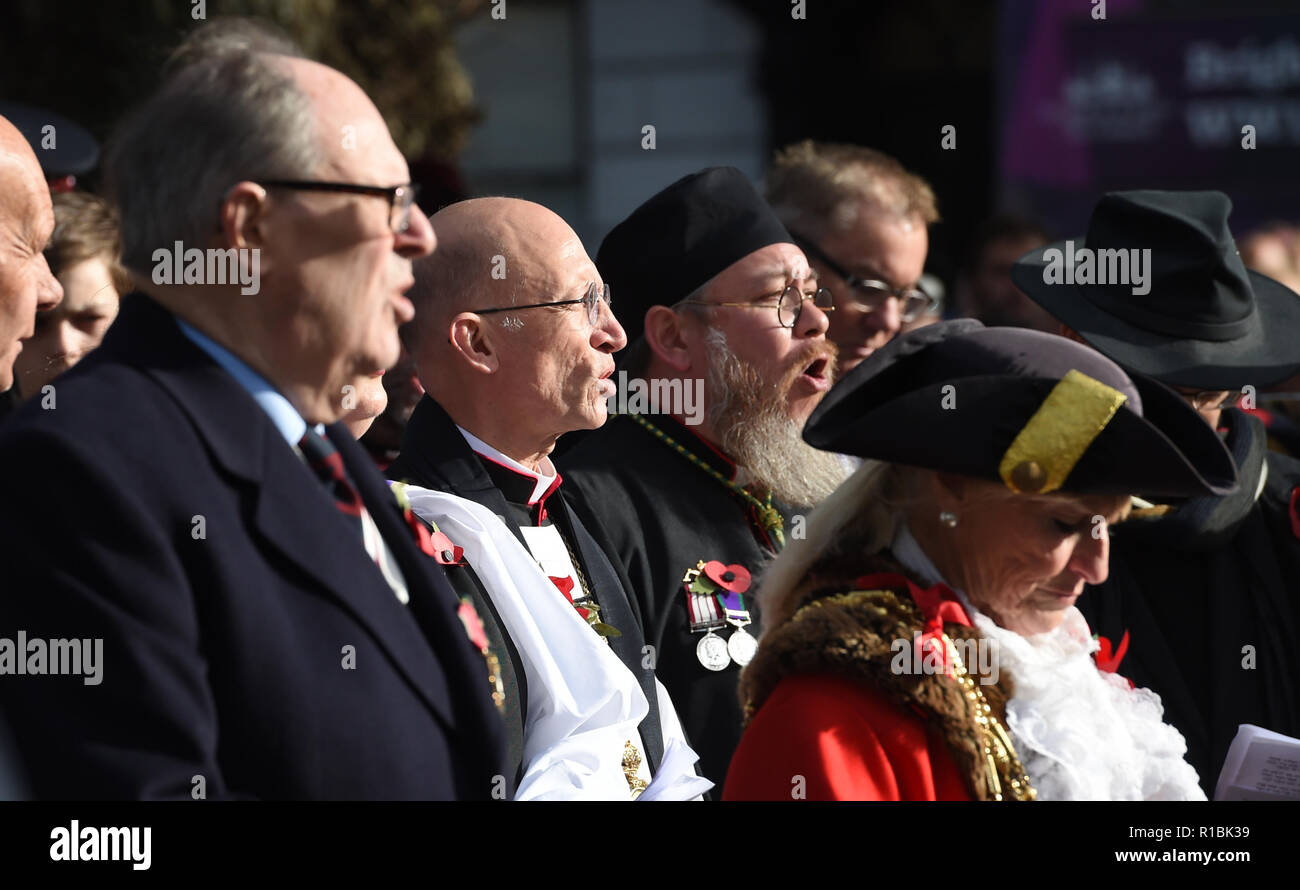 Brighton UK 11th November 2018 - The Bishop of Chichester at the Act of Remembrance Service held at Brighton war memorial . It is the 100 year anniversary today of the ending of World War One on the 11th November 1918 . Photograph taken by Simon Dack Credit: Simon Dack/Alamy Live News Stock Photo