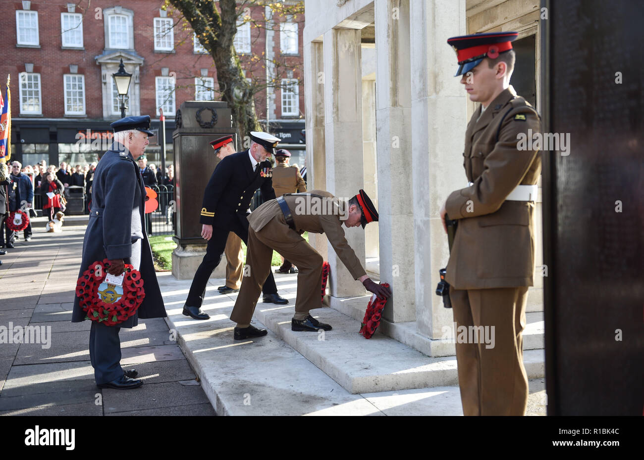 Brighton UK 11th November 2018 - Wreaths are laid at the Act of Remembrance Service held at Brighton war memorial . It is the 100 year anniversary today of the ending of World War One on the 11th November 1918 . Photograph taken by Simon Dack Credit: Simon Dack/Alamy Live News Stock Photo