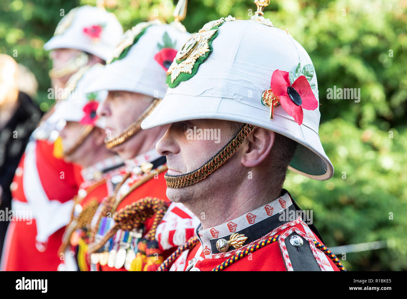Cardiff, Wales, UK, November 11th 2018. Veterans of the Royal Welsh regiment during the National Service of Remembrance for Wales at the National War Memorial for Wales in Cathays Park, Cardiff. Credit: Mark Hawkins/Alamy Live News Stock Photo