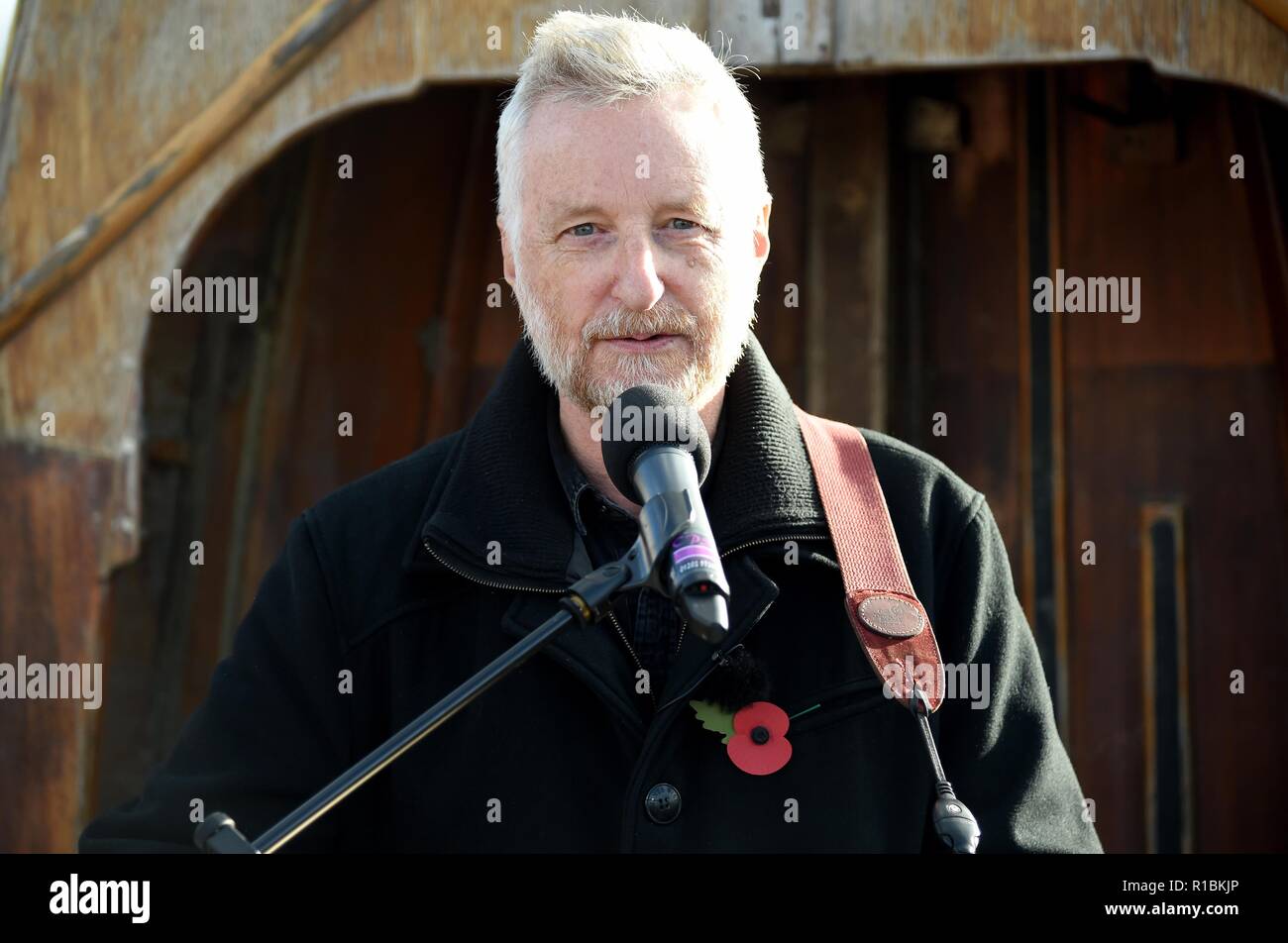 Billy Bragg reads a poem by Carol Ann Duffy written to mark the centenary of  Armistice Day called The Wound in Time as part of Pages of the Sea,  Weymouth, Dorset, UK