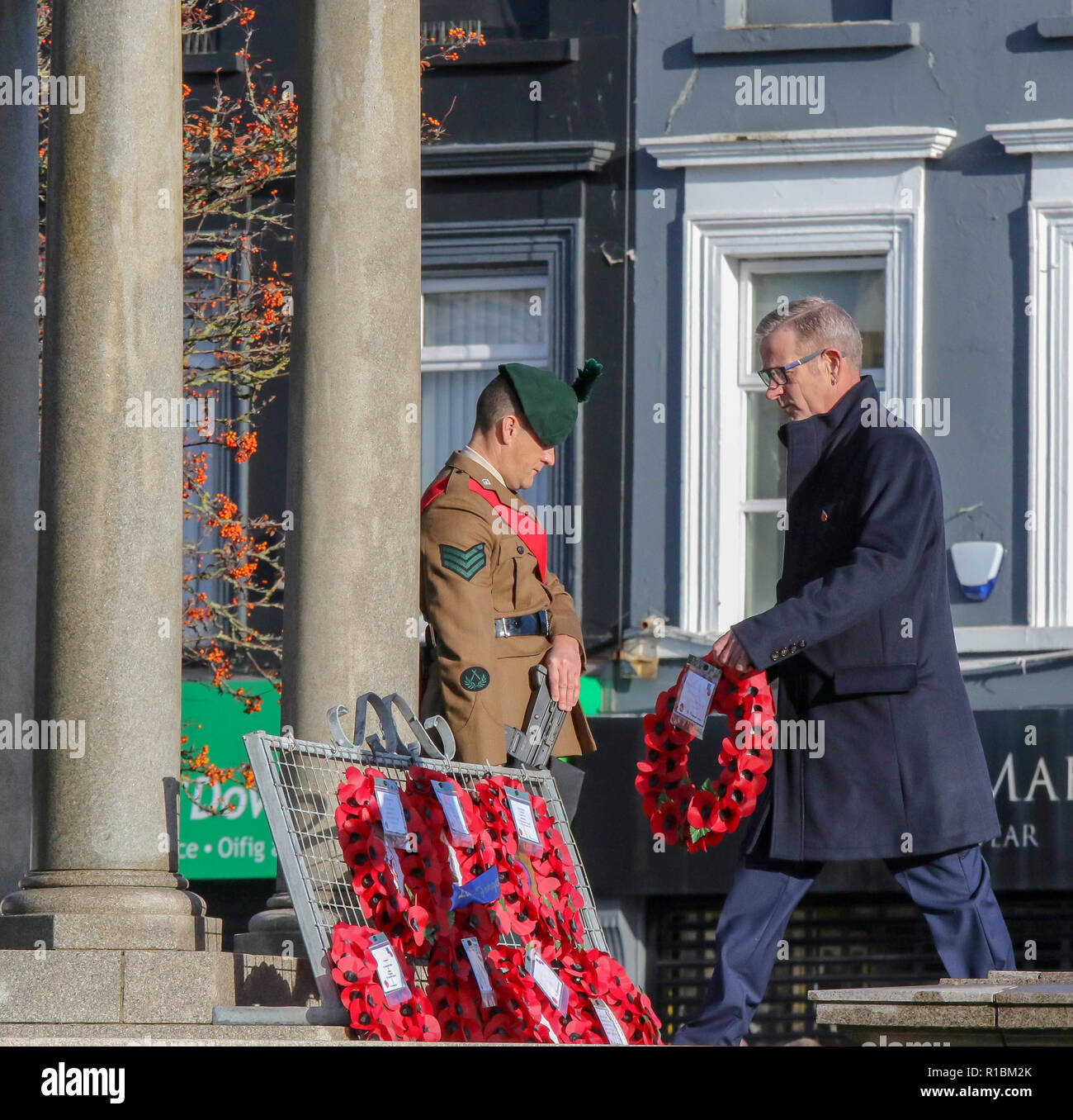 Lurgan, County Armagh, Northern Ireland, UK. 11 November 2018. Remembrance Day at The War Memorial  in Lurgan which this year also marked the centenary of Armistice Day on 11 November 1918. Credit:CAZIMB/Alamy Live News. Stock Photo