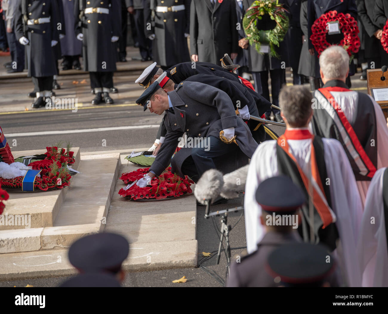London UK, 11th November 2018  The National Service of Remembrance  at the Cenotaph London on Remembrance Sunday in the presence of HM The Queen, the Prime Minster, Theresa May, former prime ministers, senior government ministers  and representatives of the Commenwealth  HRH Prince William, HRH Prince Harry (with berad) and HRH Prince Andrew Credit Ian Davidson/Alamy Live News Stock Photo