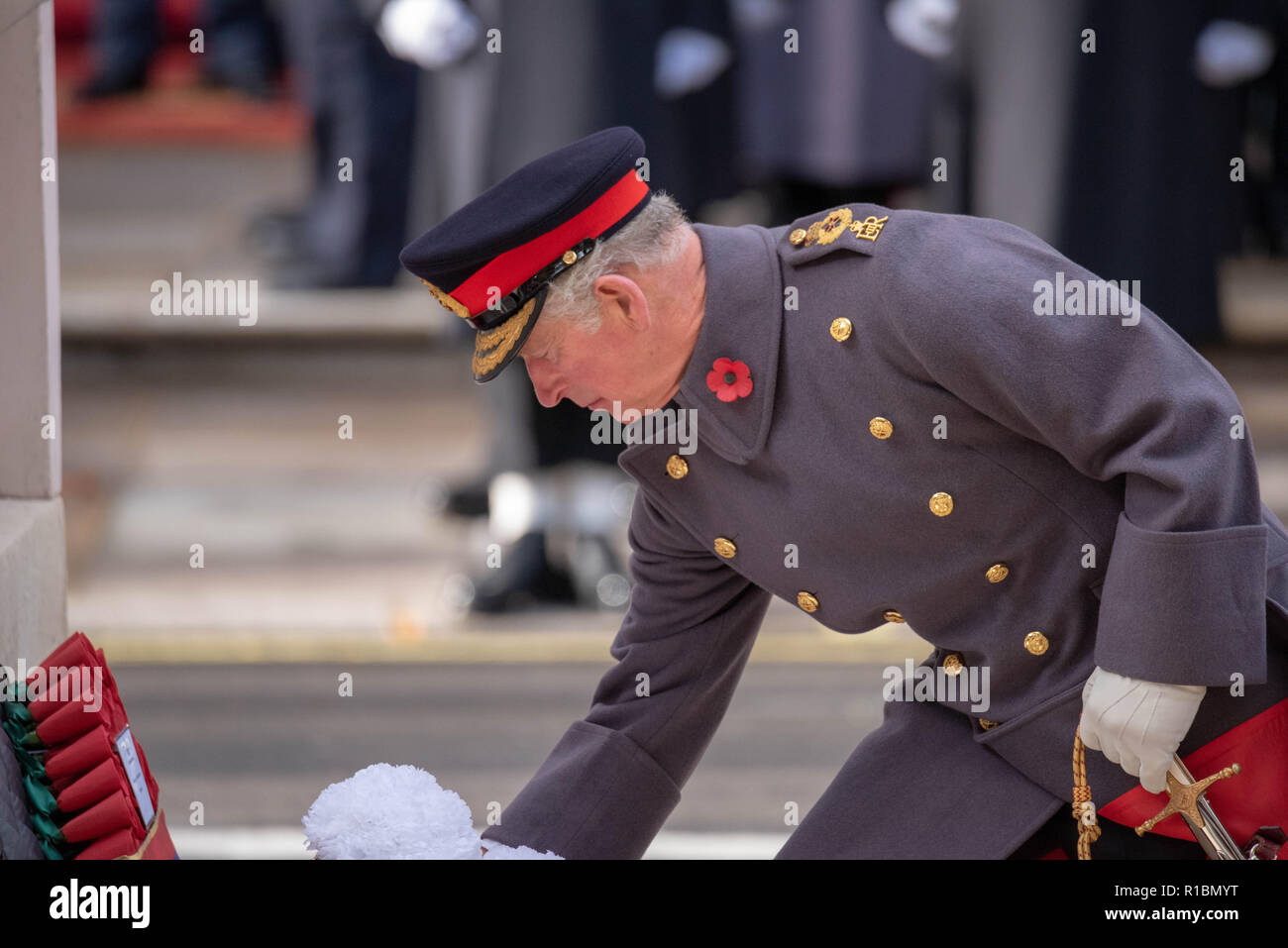 London UK, 11th November 2018  The National Service of Remembrance  at the Cenotaph London on Remembrance Sunday in the presence of HM The Queen, the Prime Minster, Theresa May, former prime ministers, senior government ministers  and representatives of the Commenwealth HRH  Prince Charles lays a wreath Credit Ian Davidson/Alamy Live News Stock Photo