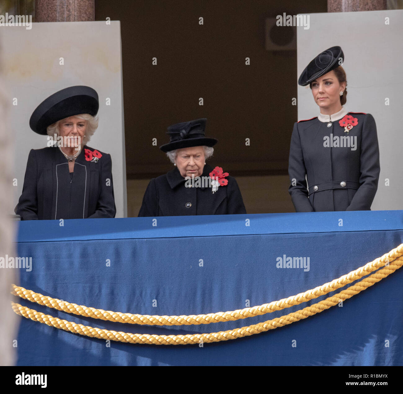 London UK, 11th November 2018  The National Service of Remembrance  at the Cenotaph London on Remembrance Sunday in the presence of HM The Queen, the Prime Minster, Theresa May, former prime ministers, senior government ministers  and representatives of the Commenwealth HM The Queen (center) HRH The Duchess of Cornwall and HRH The Duchess of Cambridge Credit Ian Davidson/Alamy Live News Stock Photo