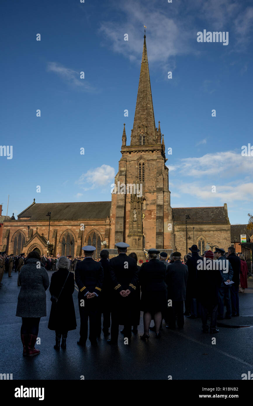 Hereford, Herefordshire, UK. 11th Nov 2018. Hundreds of people gather together across Herefordshire to mark the centenary of the Armistice, which saw 3,123 members of the armed forces from Herefordshire loosing their lives, marking one hundred years since the end of the First World War on November 11, 2018 in Hereford, United Kingdom. The armistice ending the First World War between the Allies and Germany was signed at Compiegne, France on the eleventh hour of the eleventh day of the eleventh month - 11am on the 11th November 1918 Credit: Jim Wood/Alamy Live News Stock Photo